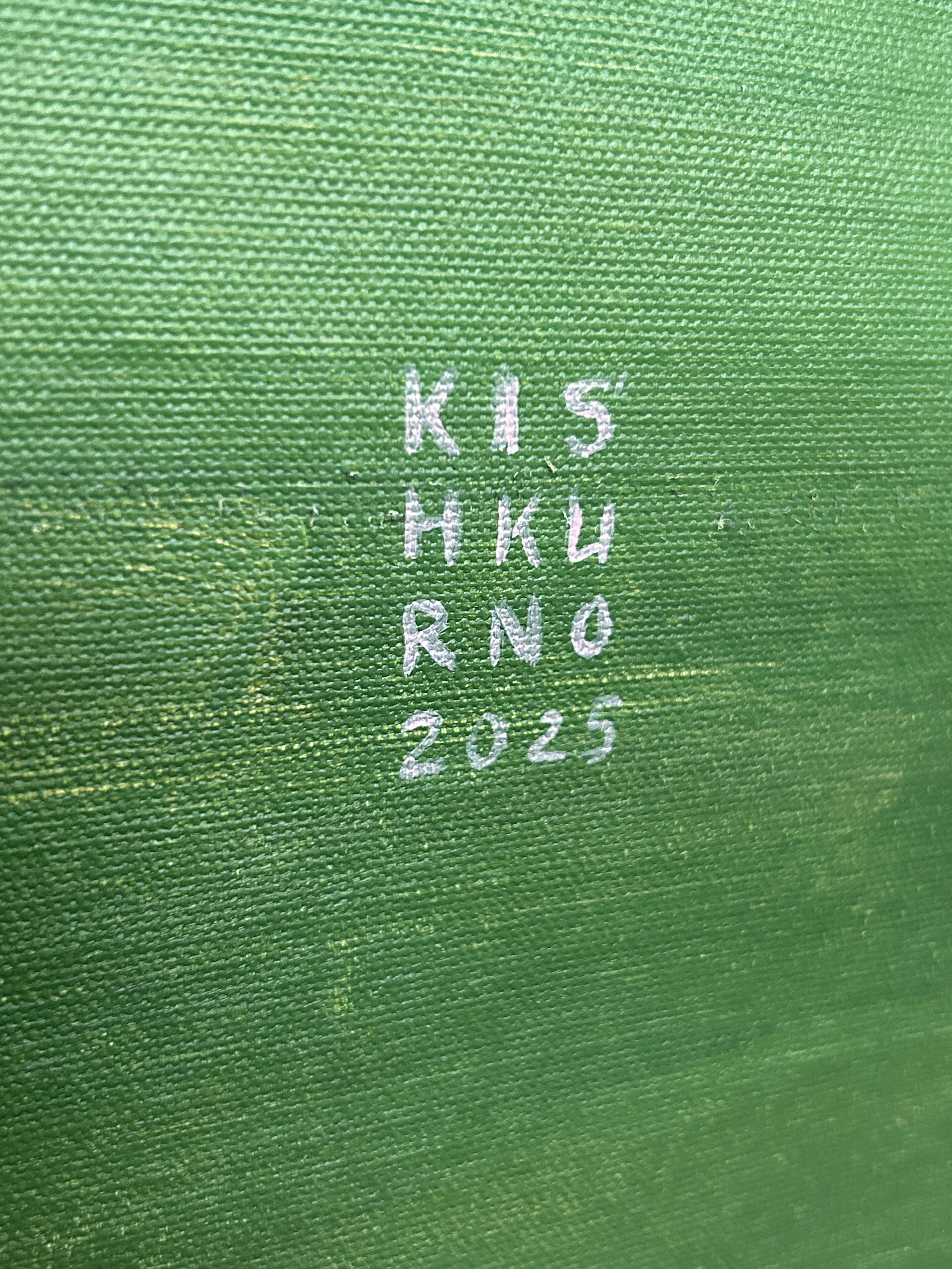 Black horse, white horse - Green Landscape Painting by Olena Kishkurno