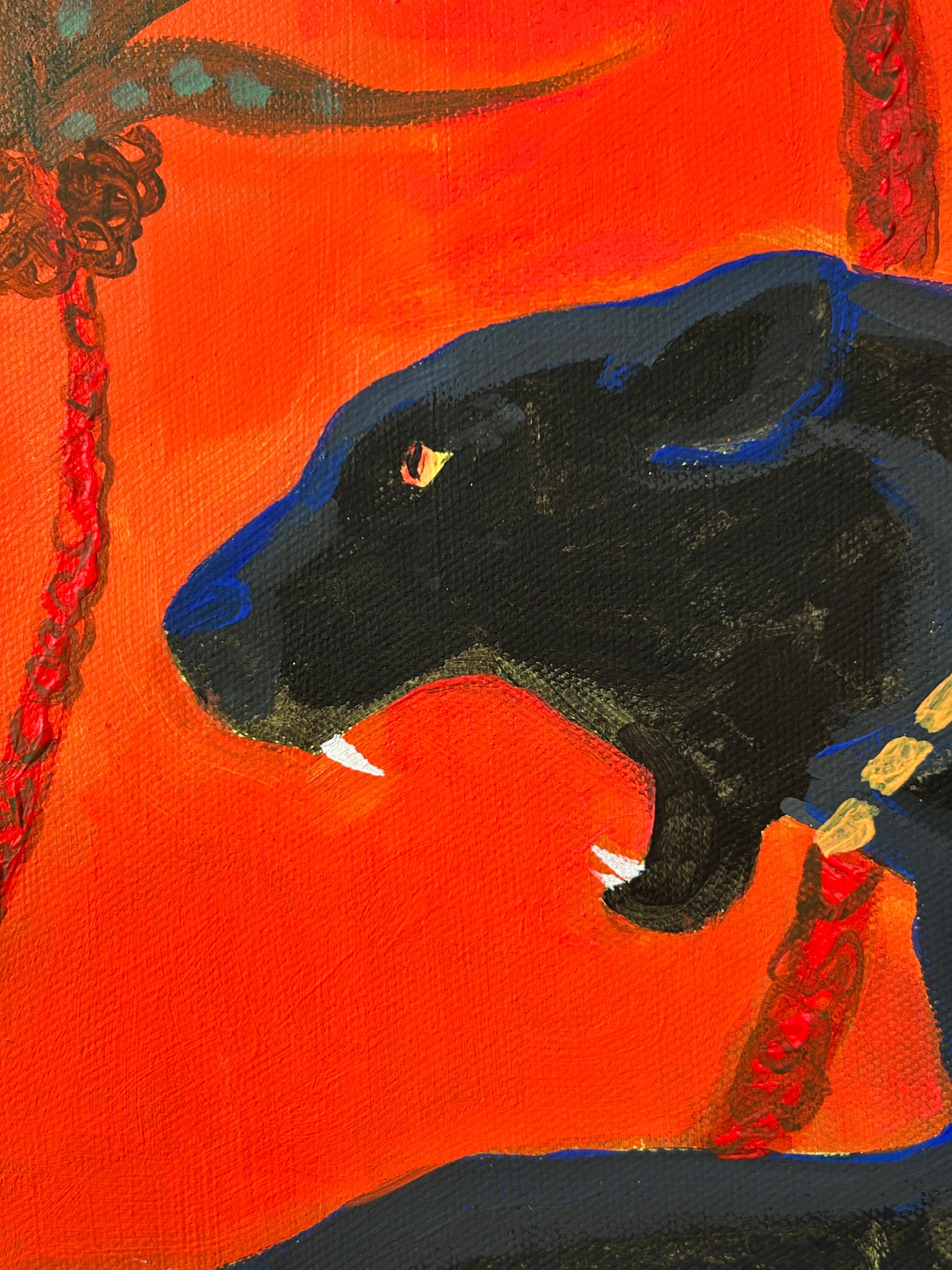 This painting radiates raw visual energy, blending feminine power, sensuality, and untamed wildness. The naked figure of a woman riding a black panther is a metaphor for mastering one's instincts, fears, and primal nature. She doesn't submit to the