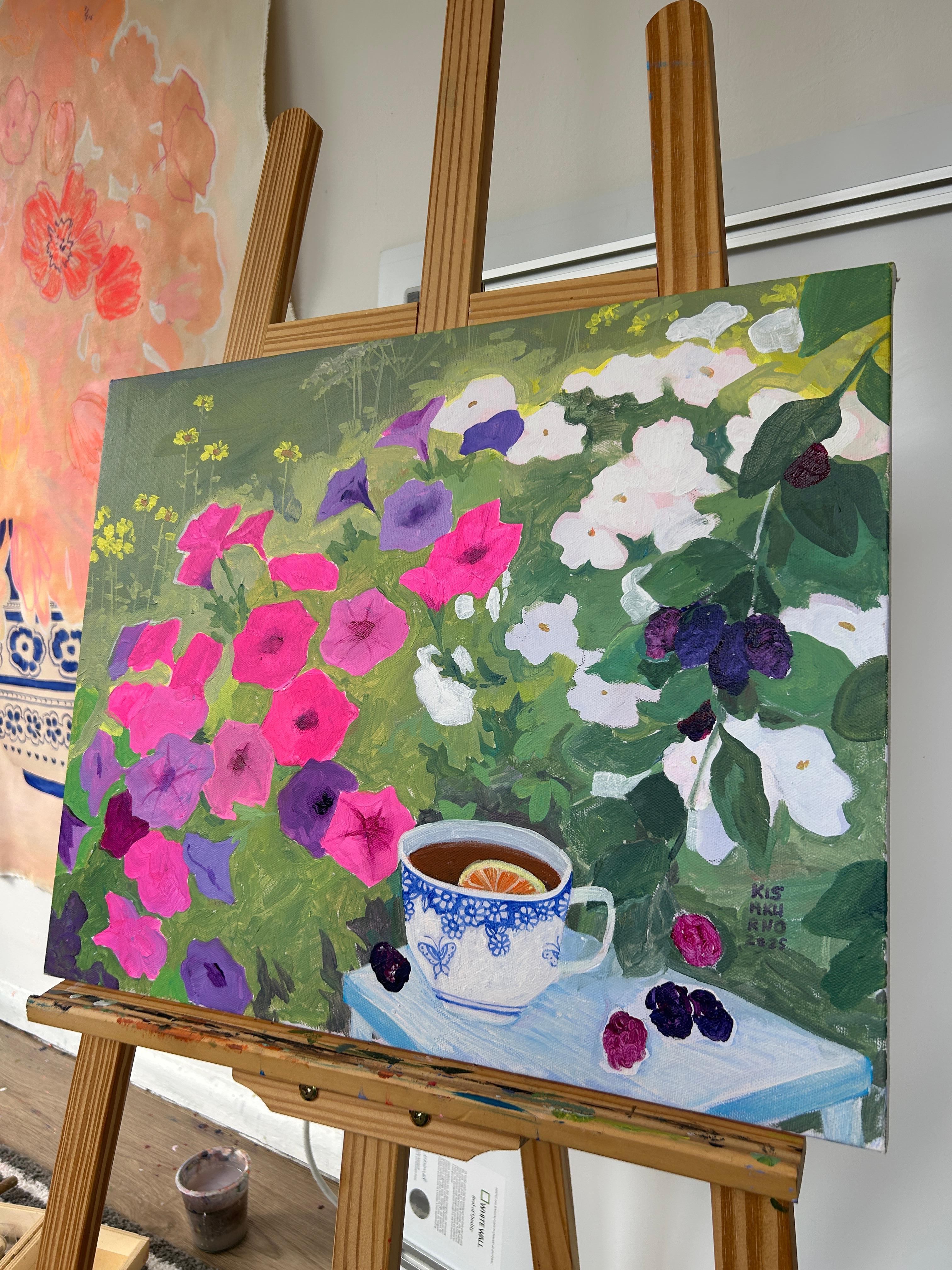 Acryl auf Leinwand
Ein Sommermorgen ist die schönste Zeit von allen.
Wenn die Sonne noch sanft scheint, die Luft warm ist und man einfach mit einer Tasse Tee dasitzen, den Vögeln zuhören und nichts planen kann.
Alles verlangsamt sich - die