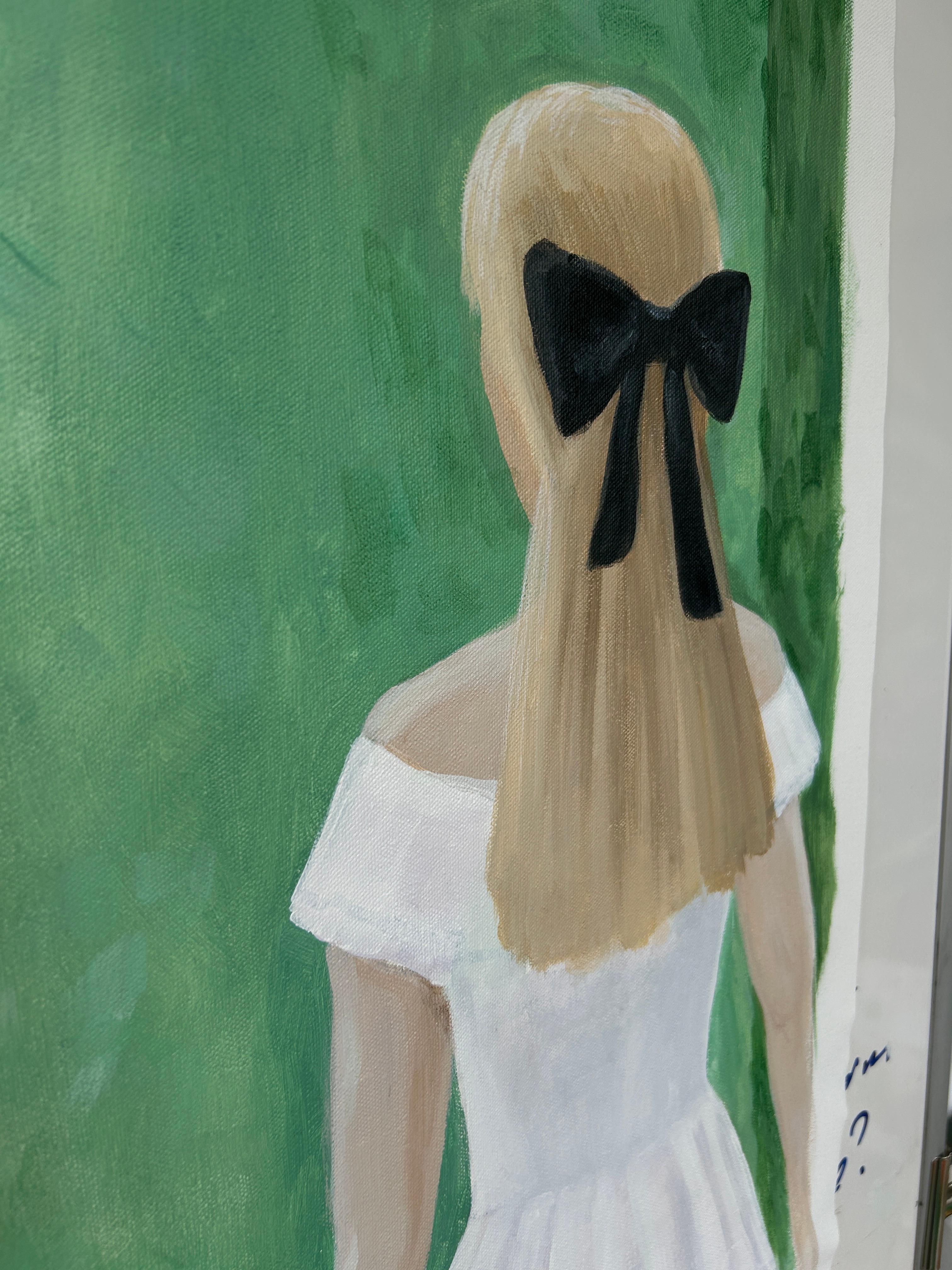 A un paso de la perfección
acrílico sobre lienzo, 2025
se envía en rollo

Es la encarnación de la elegancia: vestido blanco, guantes blancos, postura suave, piel impecable. Toda su apariencia parece cuidadosamente elaborada para ser adecuada, pura,