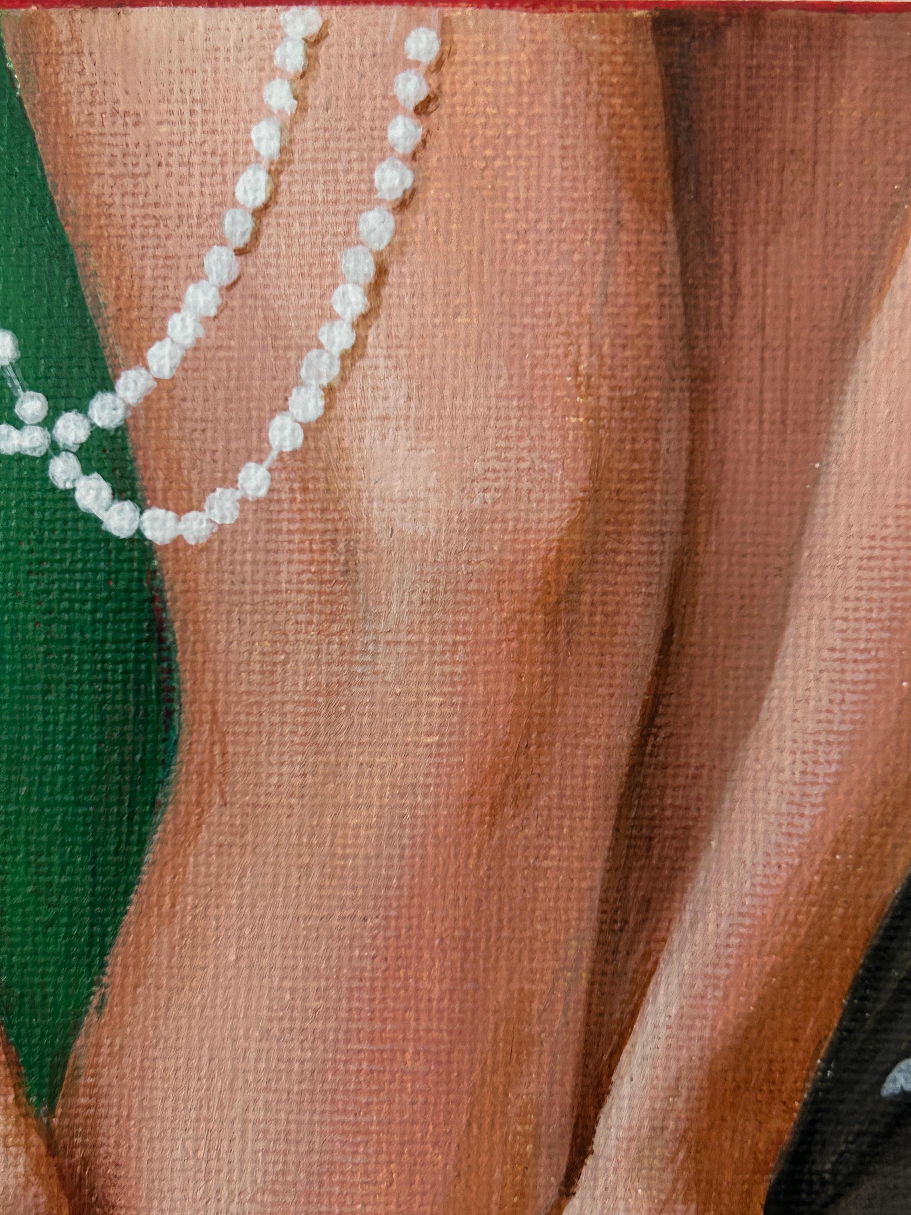 In this work, naive playfulness meets quiet resilience. The heroine, dressed in polka dots, seems to have stepped out of an old film — part actress, part observer of her own life.
