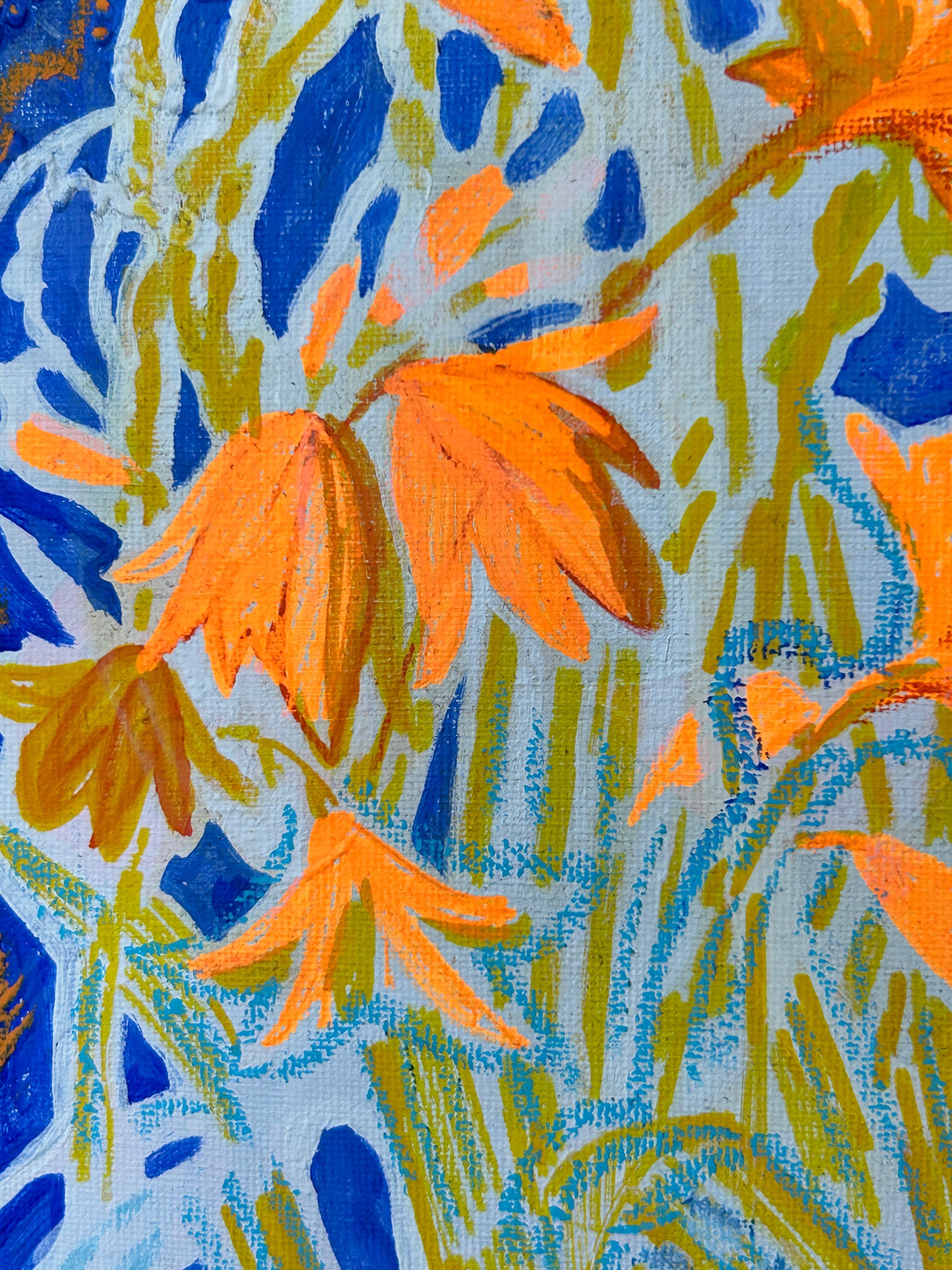 Tenderness and Power
This work reflects on the paradox of strength revealed through vulnerability. The orange blossoms, vivid and luminous against the profound blue background, embody both delicacy and resilience. They assert that fragility is not