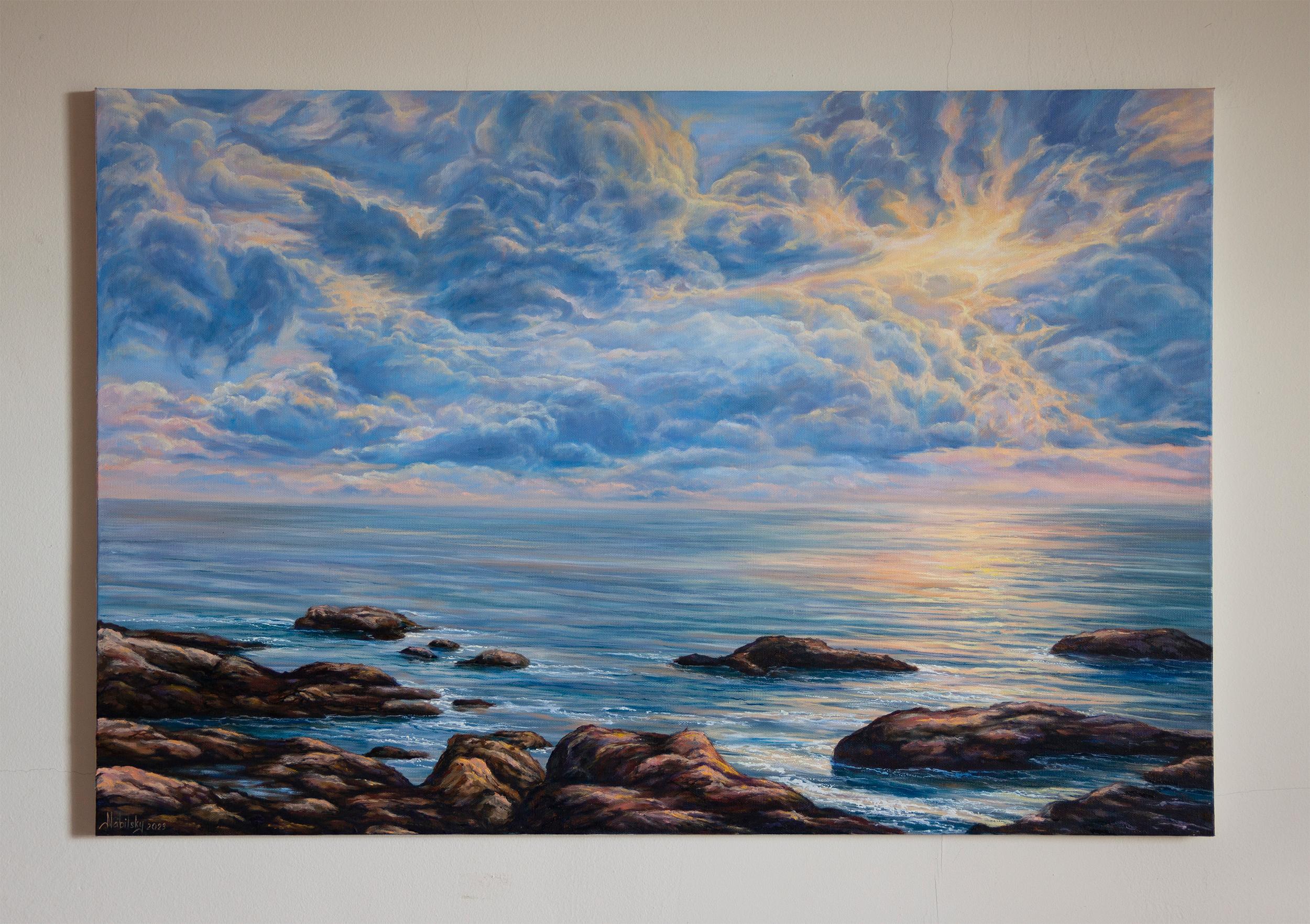 <p>Kommentare der Künstlerin<br>Inspiriert vom Meer und den faszinierenden Momenten des Sonnenaufgangs, fängt die Künstlerin Olena Nabilsky das strahlende Leuchten der Wolken ein. Der ruhige Ozean, der alles in seinem Glanz einhüllt, spiegelt die