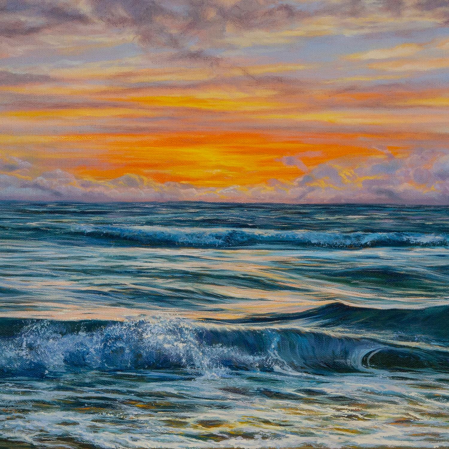<p>Kommentare des Künstlers<br>Bei Sonnenuntergang wechselt der Himmel von Blau zu Lila und Rosa. Das Meer reflektiert subtil die ätherischen Farben von oben und verleiht seiner Oberfläche einen schimmernden Glanz. Die weichen Wolken und die