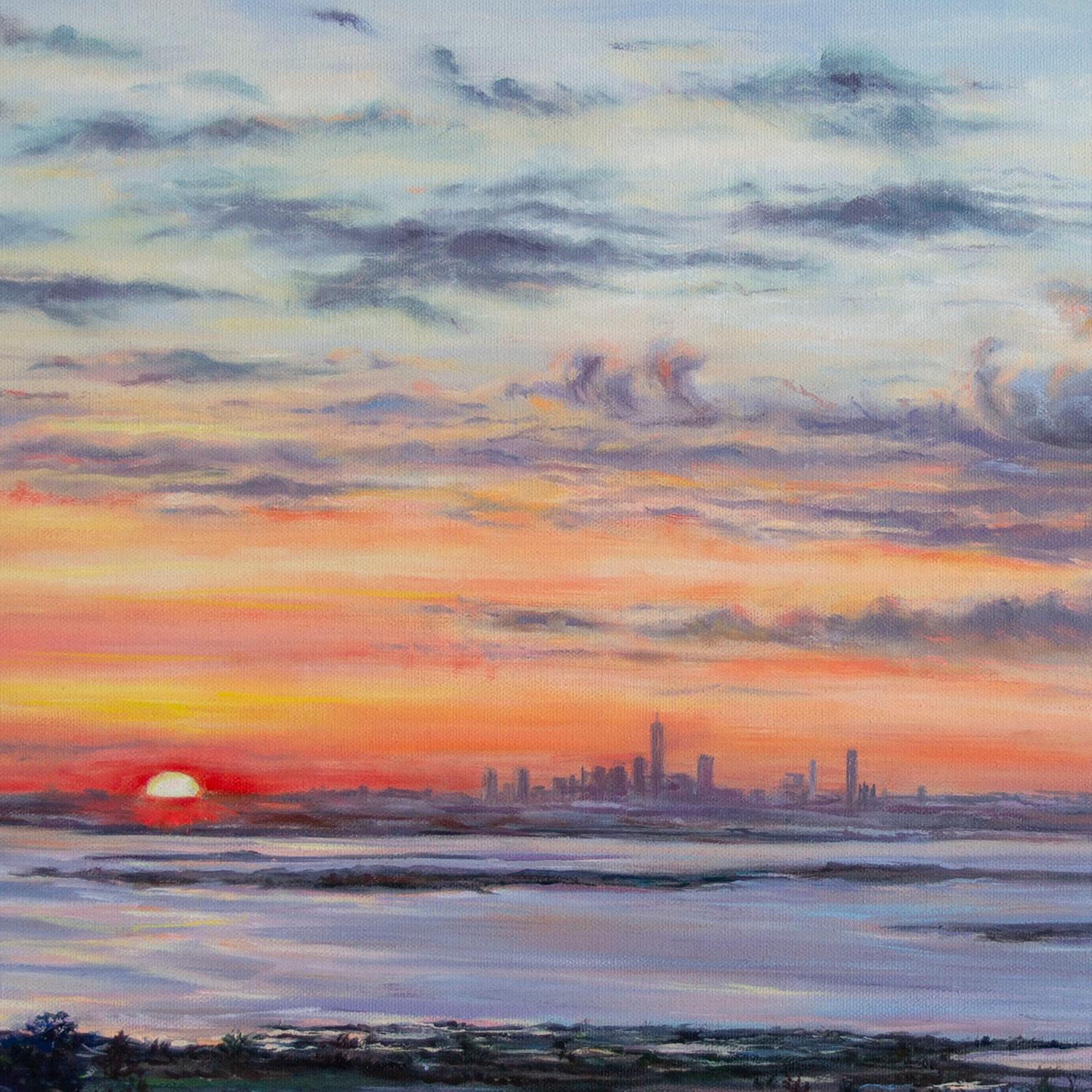<p>Kommentare des Künstlers<br>Abends in den Vororten ist die Silhouette von New York City schon von weitem zu sehen. Die Stadt ruht zwischen dem strahlenden Himmel und dem ruhigen Meer. Wenn die Sonne untergeht und sich langsam dem Horizont nähert,