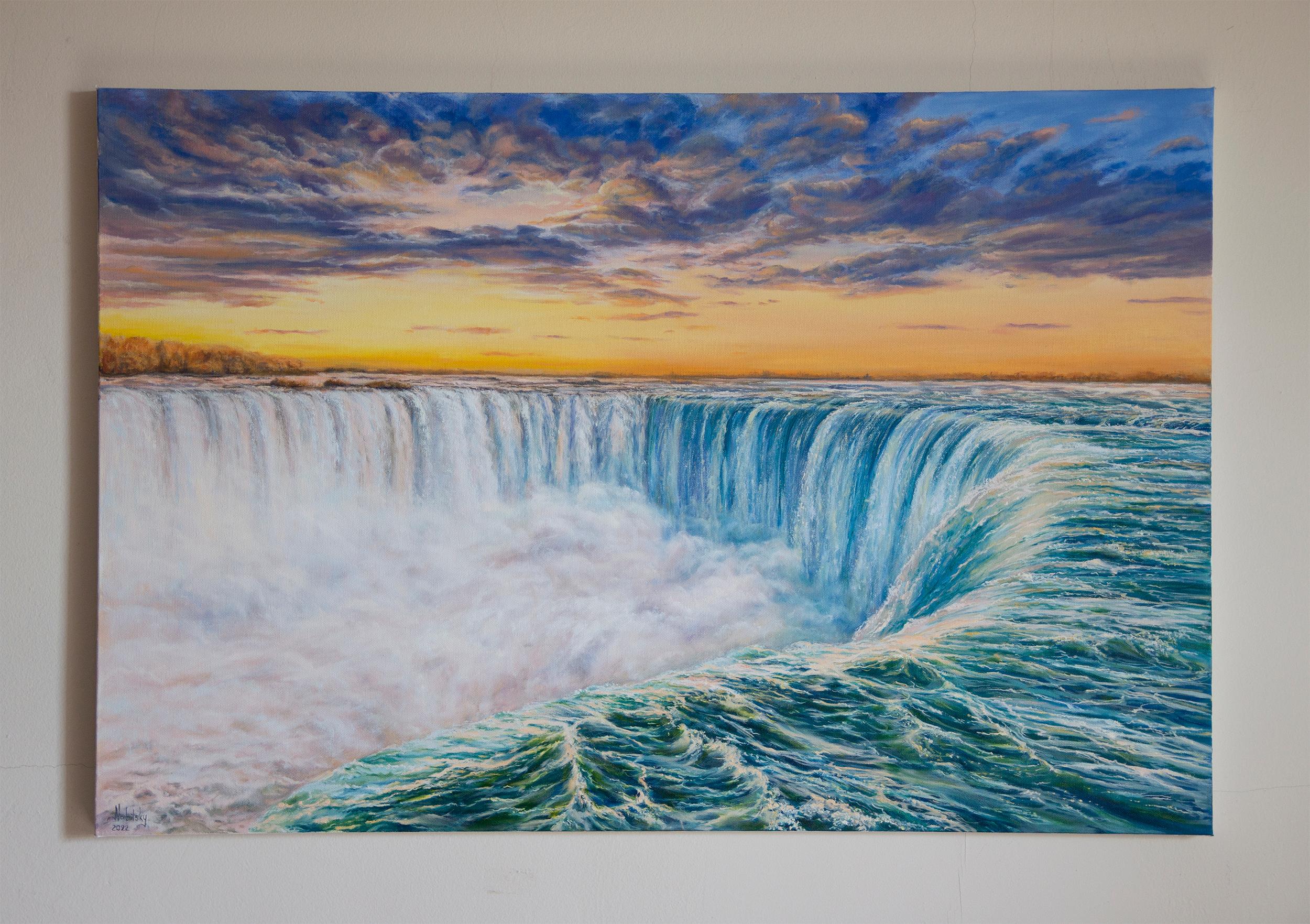 <p>Artist Comments<br>The breathtaking sight of Niagara Falls captures the mesmerizing fusion between the cascading waters below and the enchanting twilight sky above. According to artist Olena Nabilsky, once you witness this natural wonder, the