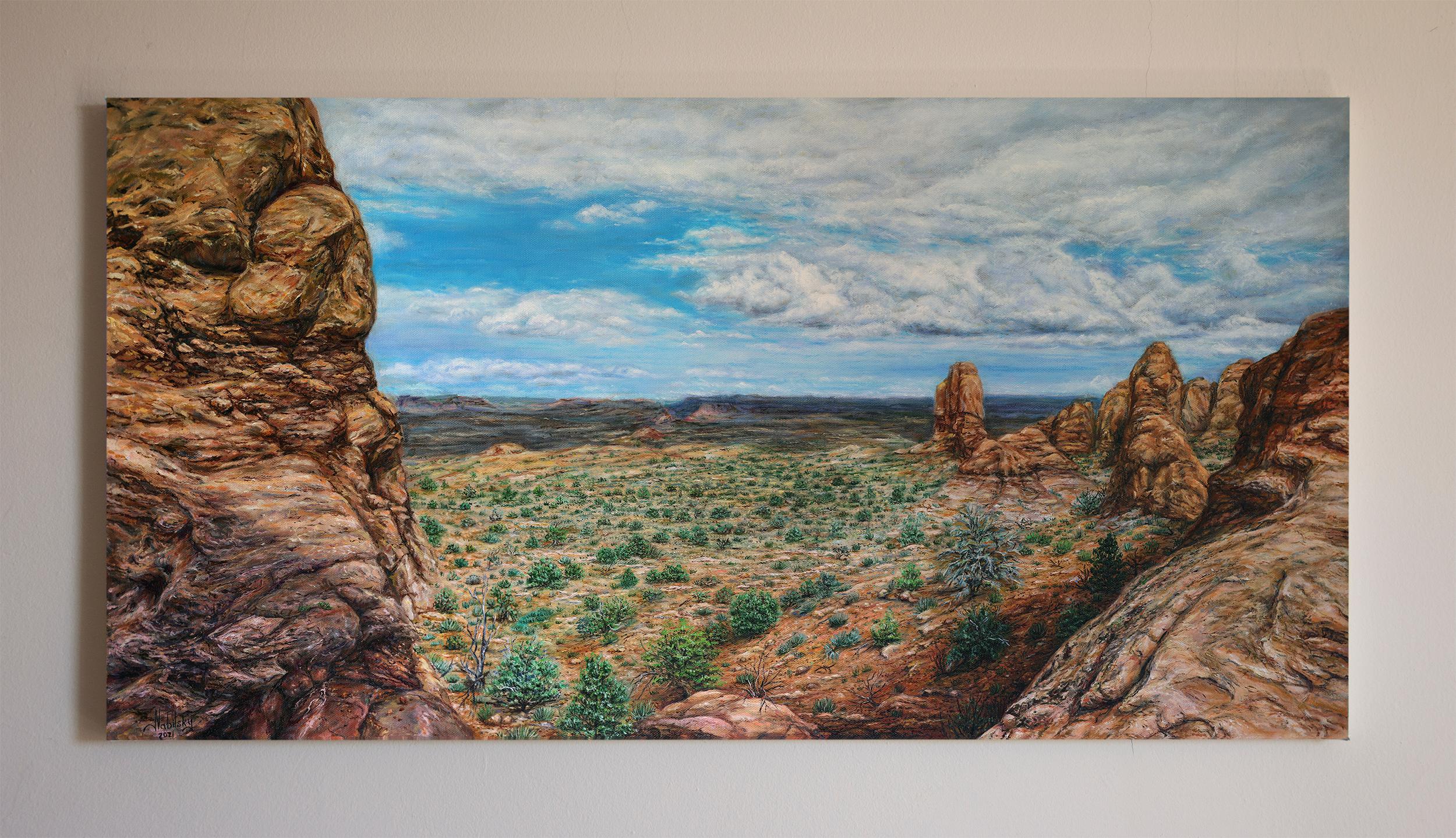 <p>Artist Comments<br>Artist Olena Nabilsky draws inspiration from the vast expanse of open space to create a stunning depiction of a rocky valley in Arizona. The colors and sharp details of the natural elements perfectly capture the vibrancy and
