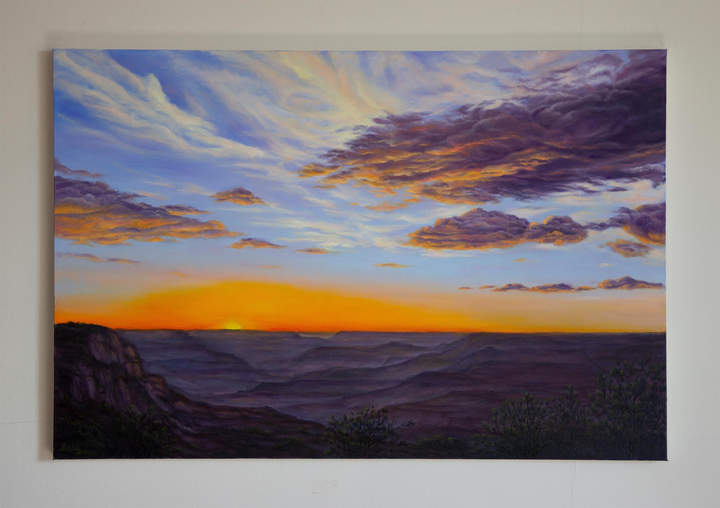<p>Artist Comments<br>The sun sets on the Grand Canyon, leaving a blanket of soft light over its ridges. It is a magical time as a mesmerizing array of colors fills the landscape. The rock formations' rugged texture and dimly lit surroundings