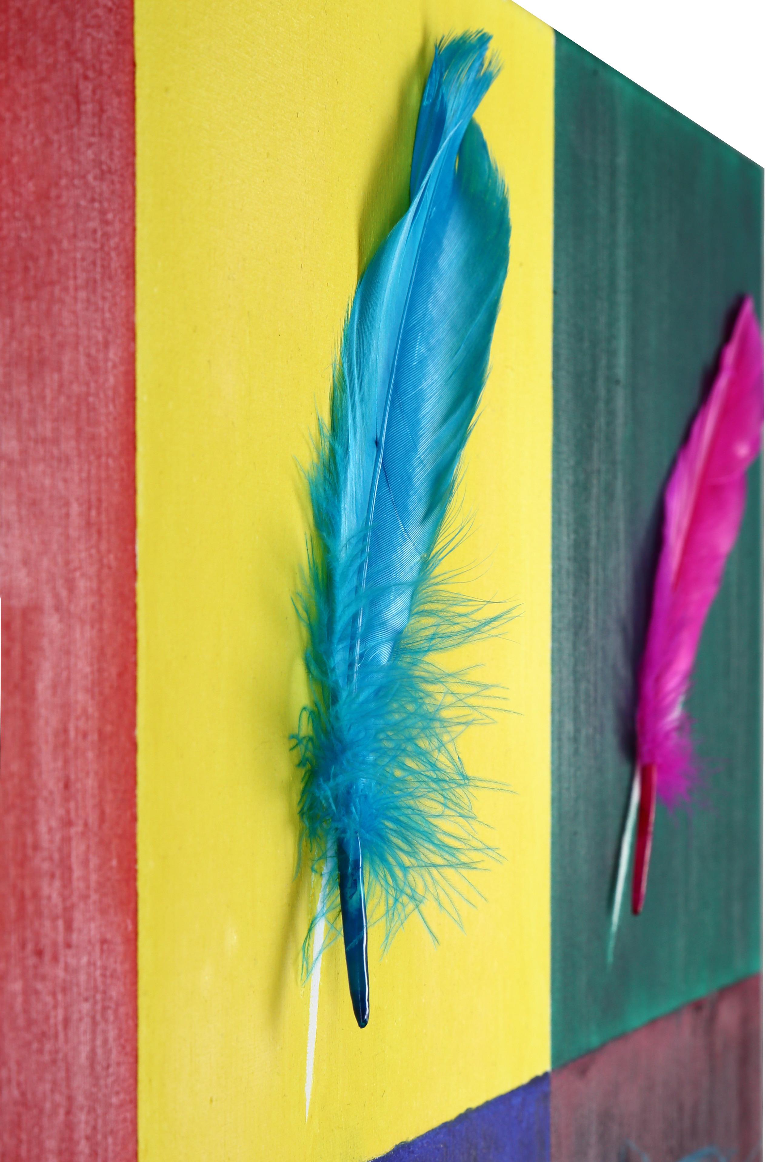 Each feather is pointing to specific hour, at the same time it is a symbol of life-breath, soul, easy transition from one state to another. 
This artwork was painted at Andy Warhol Museum in Medzilaborce, Slovakia.   It is certified by Andy Warhol