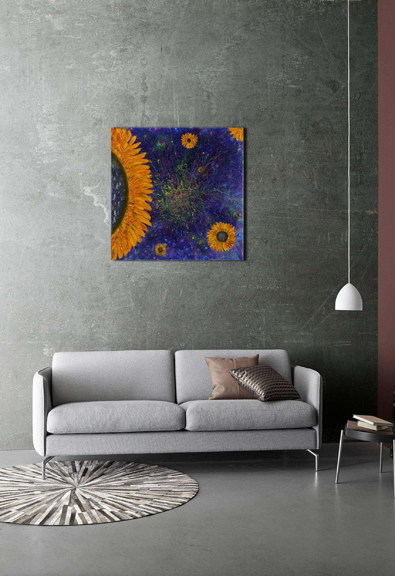 «Sunflowering Galaxy», cycle «We Are» - Black Abstract Painting by Olena Smal