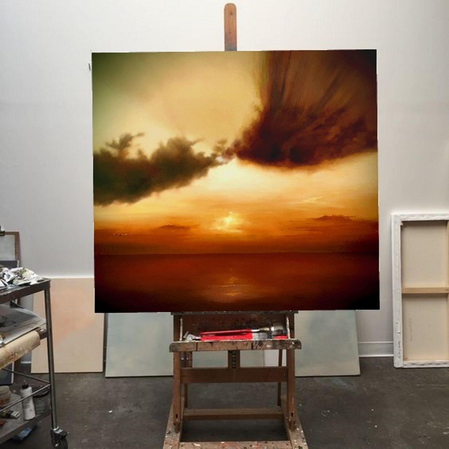 Cielo ambrato sopra  oceano, Pittura, Olio su tela - Painting Contemporaneo di Olena Topliss