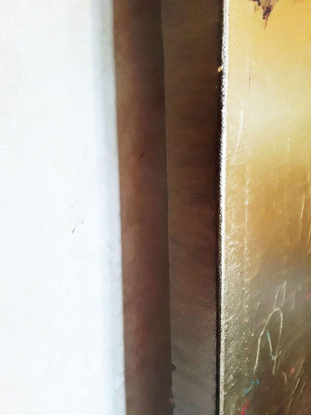 Oro  pittura astratta  #001111 è un dipinto a olio di grandi dimensioni  su sfondo di foglie d'oro  (Nella galleria trovi le foto delle foglie d'oro)     Pigmenti di qualità professionale su tela di lino e cotone, tesa a mano e avvolta in un telaio