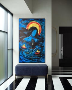 Watching. Figurative Painting, Ocean and Night Theme, 170x100 cm