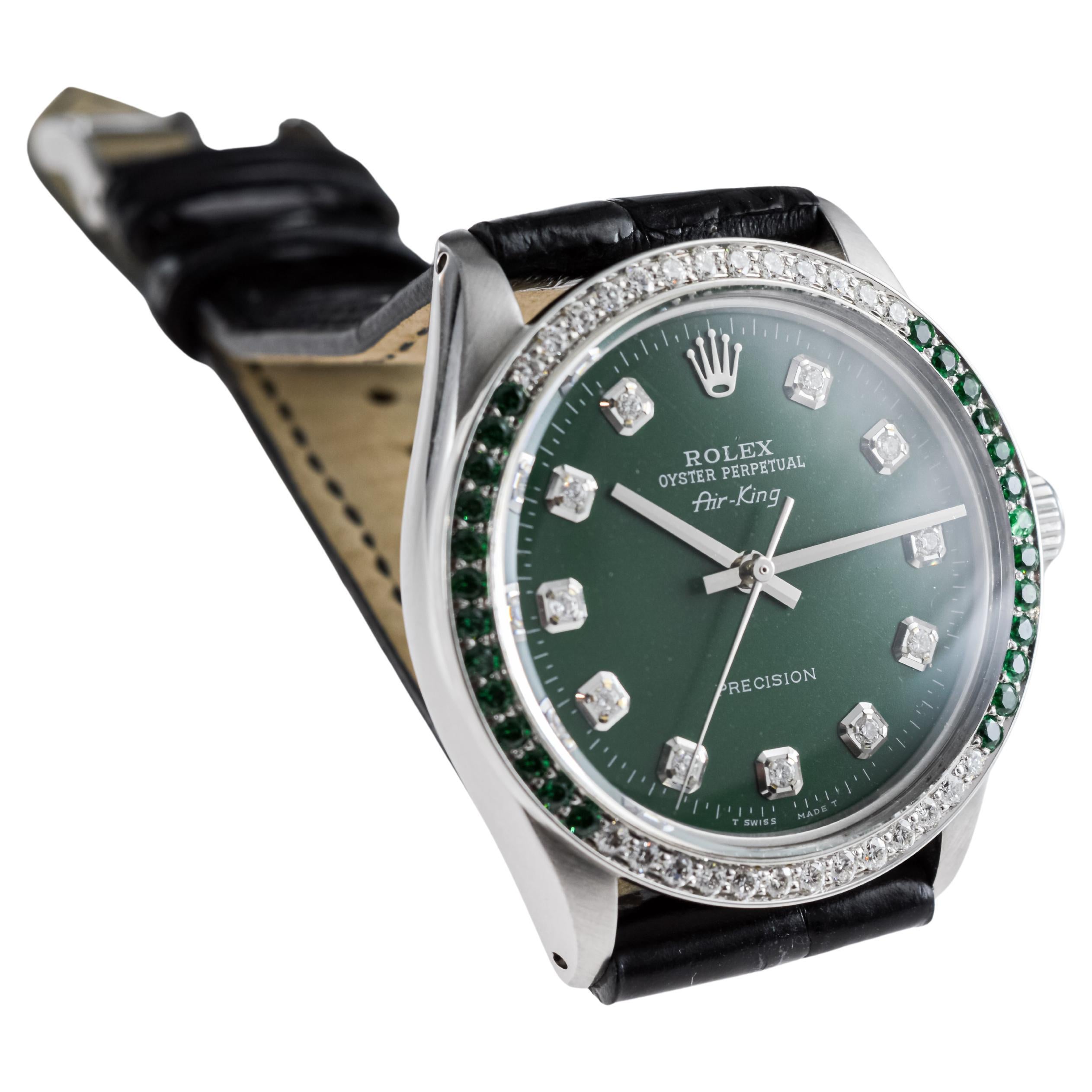 olex Steel Air-King with Custom Diamond Dial and Diamond and Emerald Bezel For Sale 4