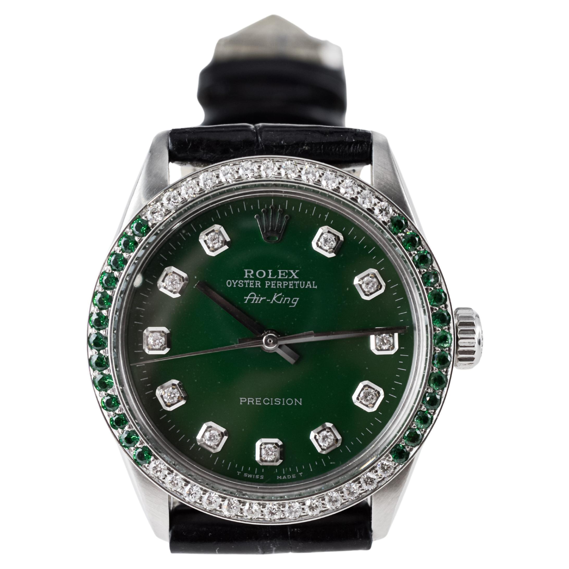 olex Steel Air-King with Custom Diamond Dial and Diamond and Emerald Bezel For Sale 5