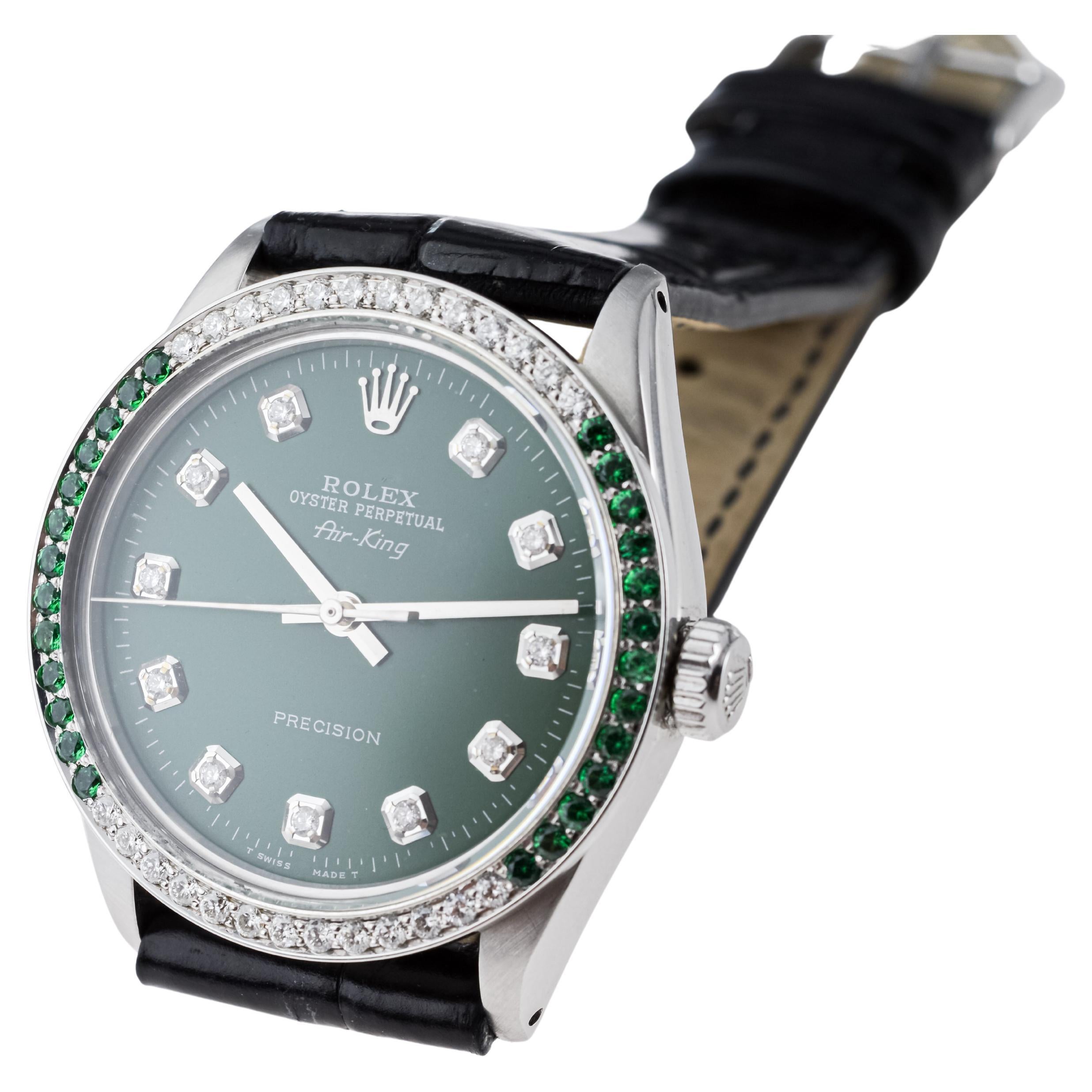 olex Steel Air-King with Custom Diamond Dial and Diamond and Emerald Bezel For Sale 6