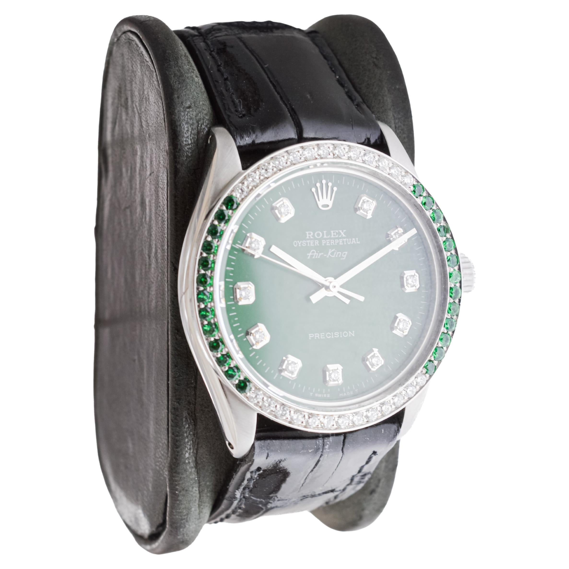 Modern olex Steel Air-King with Custom Diamond Dial and Diamond and Emerald Bezel For Sale