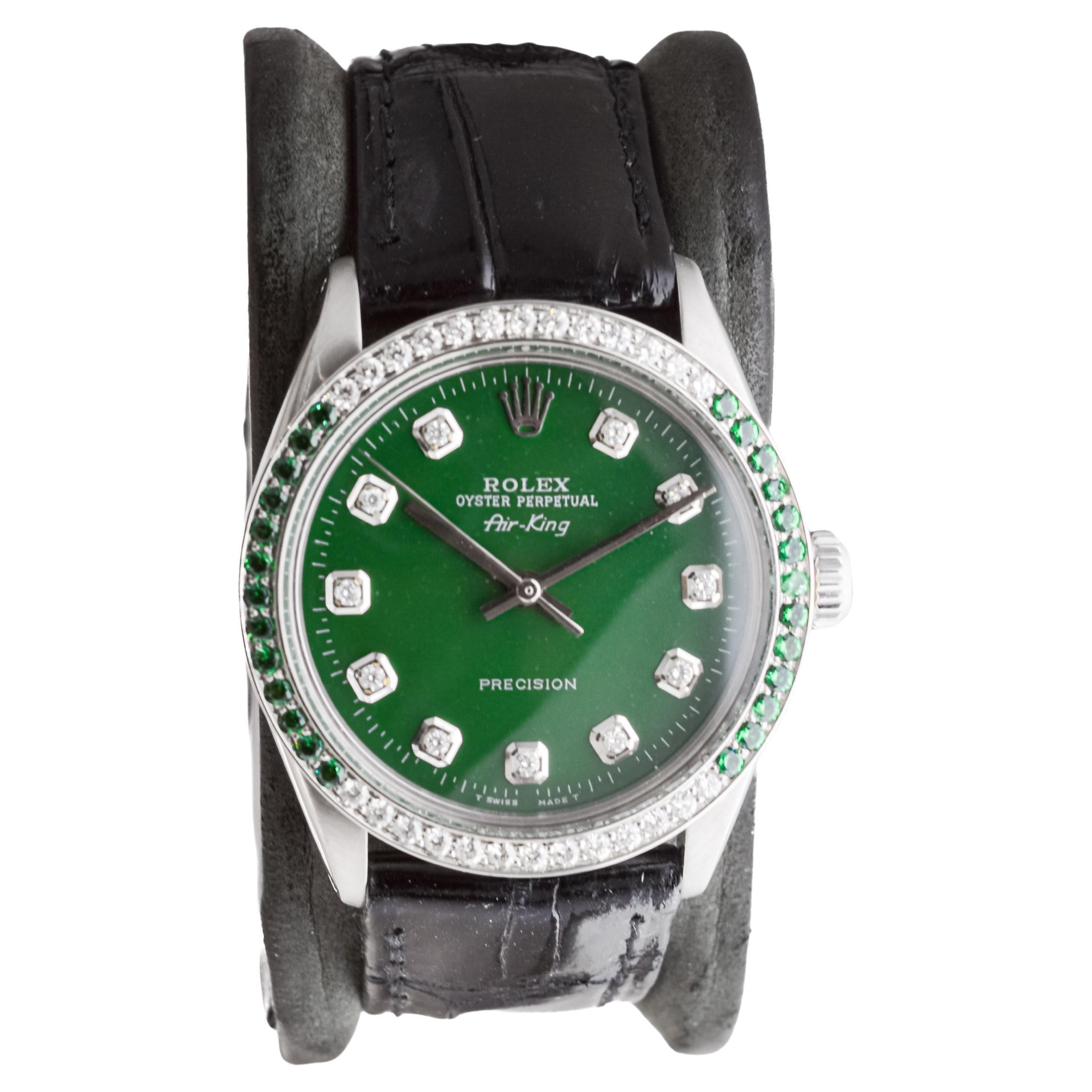 Round Cut olex Steel Air-King with Custom Diamond Dial and Diamond and Emerald Bezel For Sale