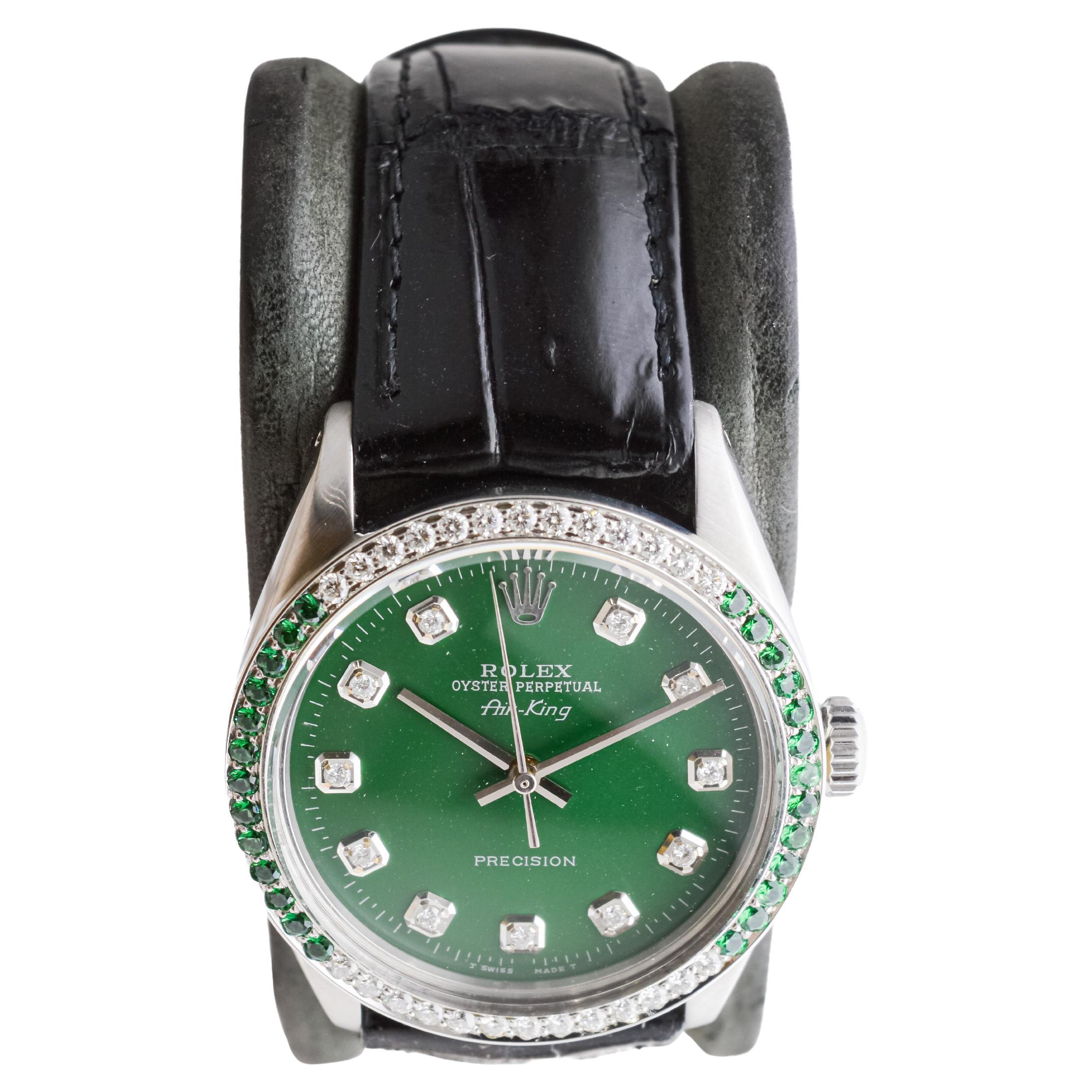 olex Steel Air-King with Custom Diamond Dial and Diamond and Emerald Bezel In Excellent Condition For Sale In Long Beach, CA