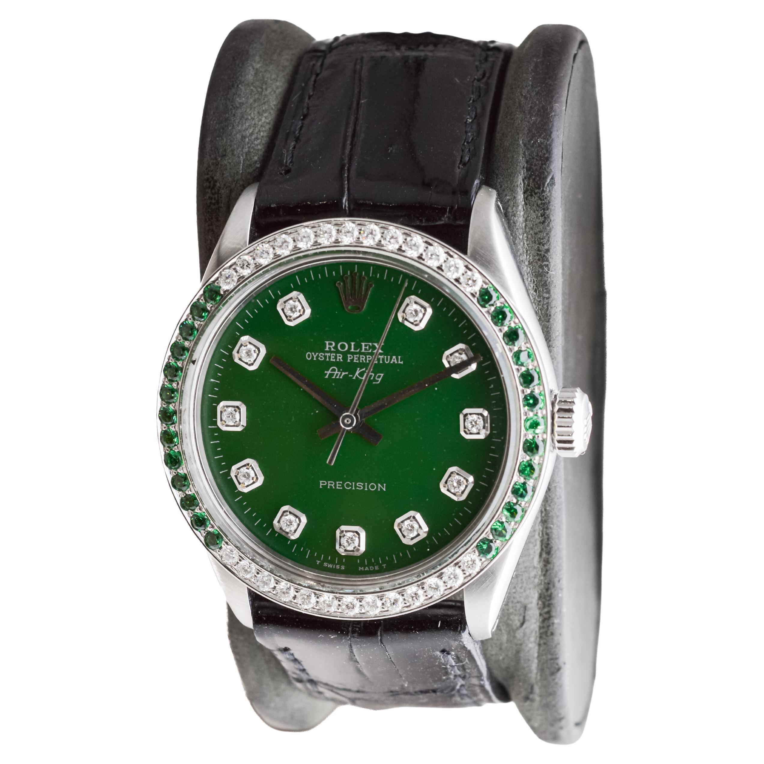 olex Steel Air-King with Custom Diamond Dial and Diamond and Emerald Bezel For Sale 1