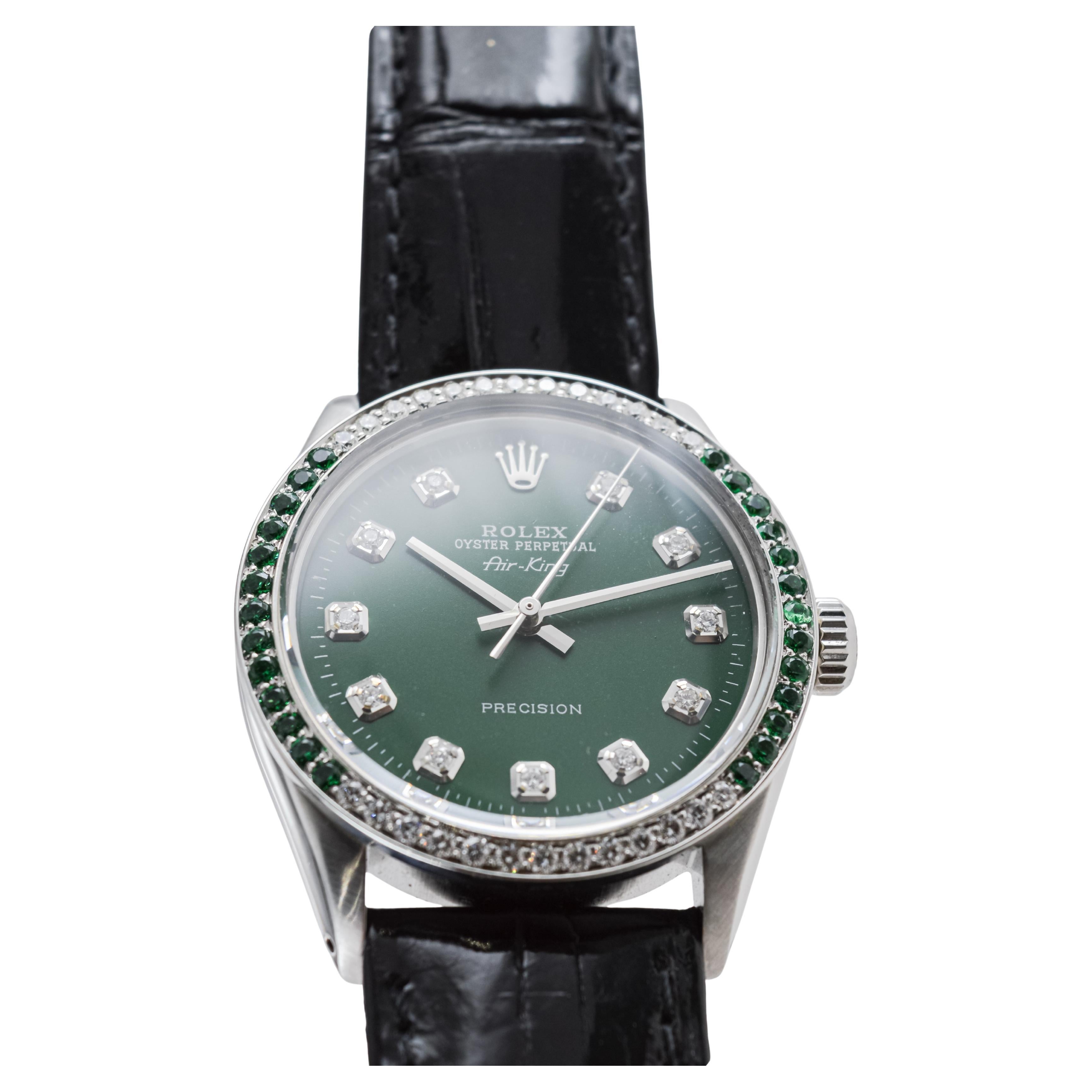 olex Steel Air-King with Custom Diamond Dial and Diamond and Emerald Bezel For Sale 3
