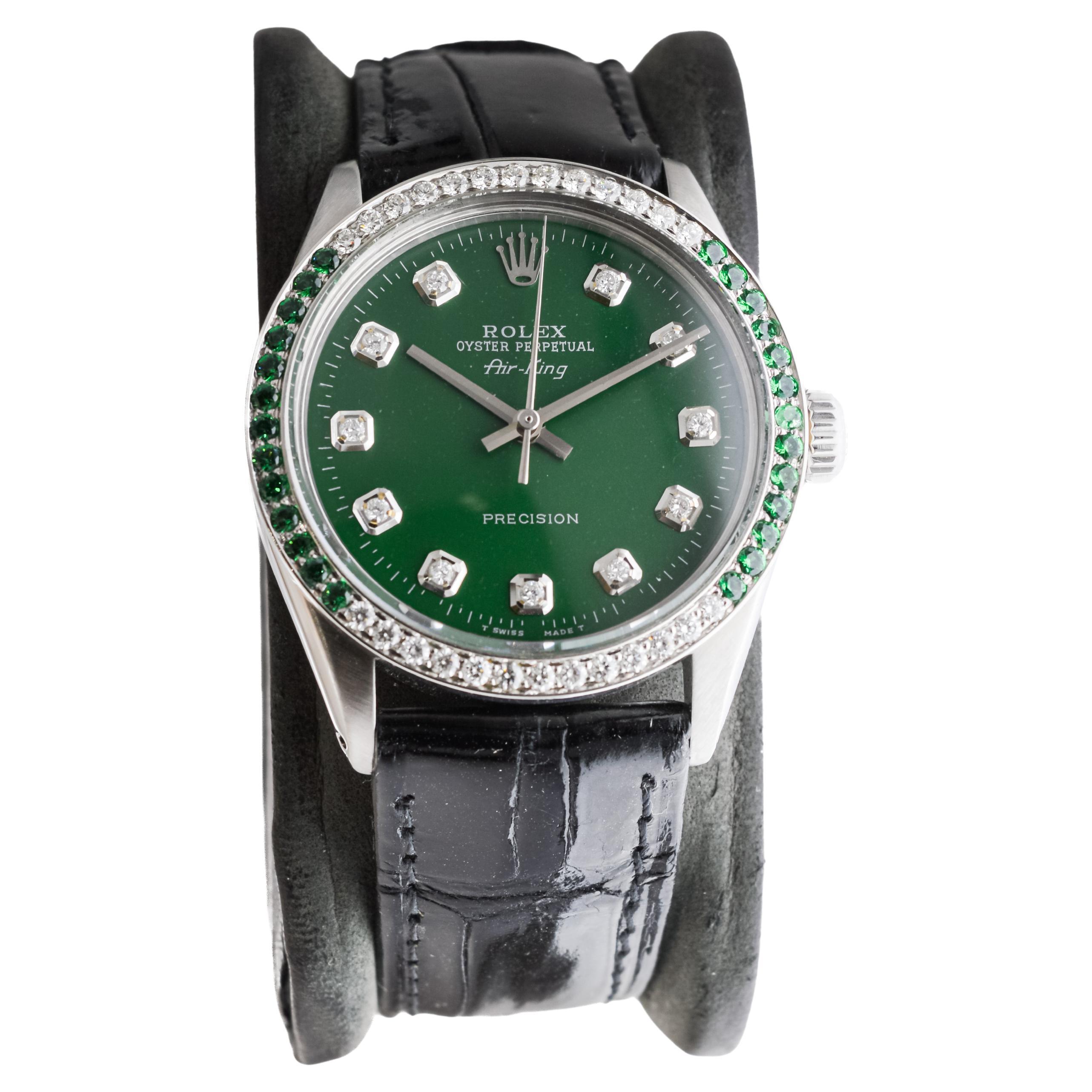 olex Steel Air-King with Custom Diamond Dial and Diamond and Emerald Bezel For Sale