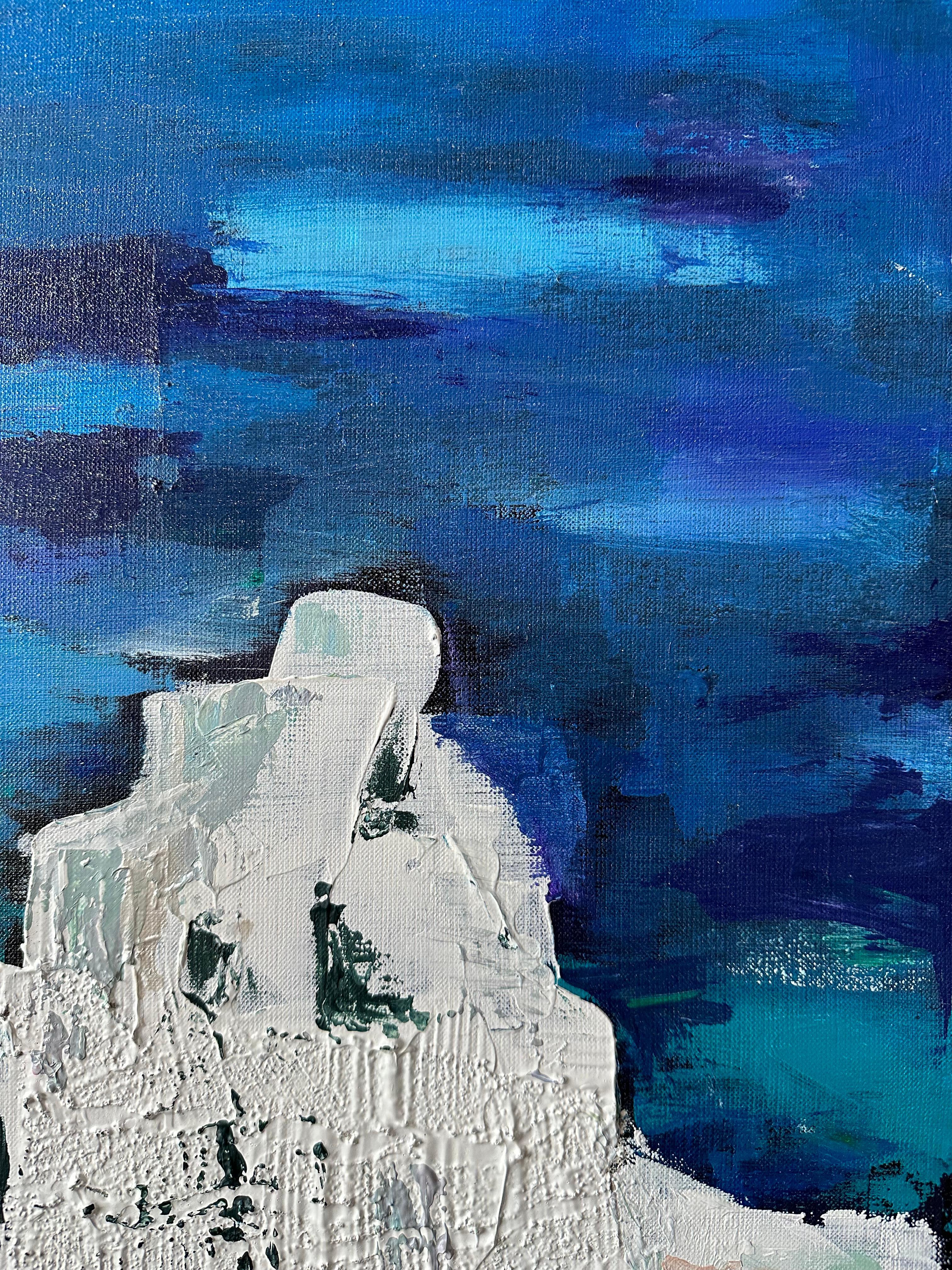 Mer grecque - paysage marin peinture acrylique abstraite  - Expressionniste Painting par Olga Afanasiadi