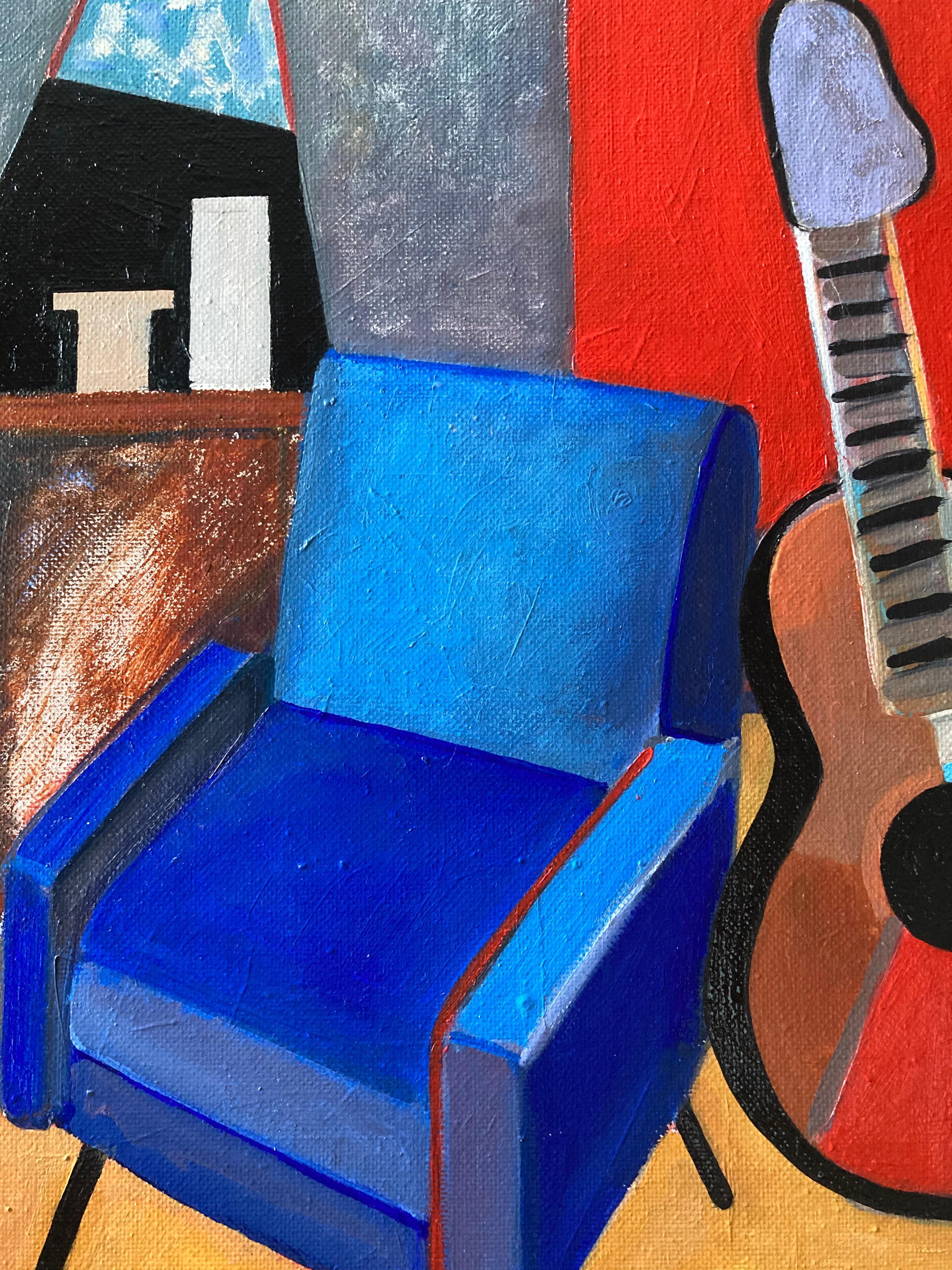 Interior with blue armchair and guitar - Modern Painting by Olga Afanasiadi