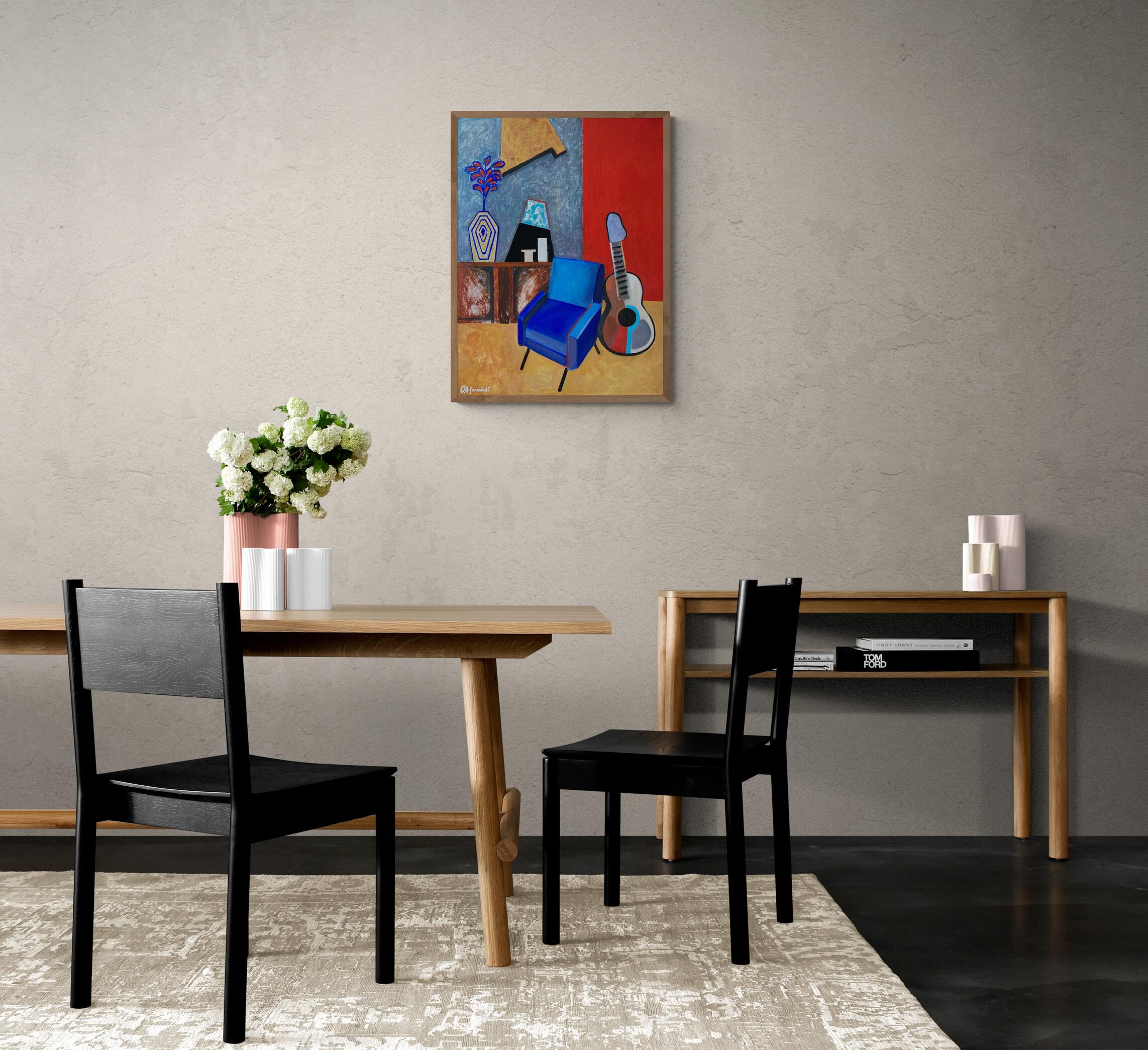 Interior with blue armchair and guitar For Sale 2