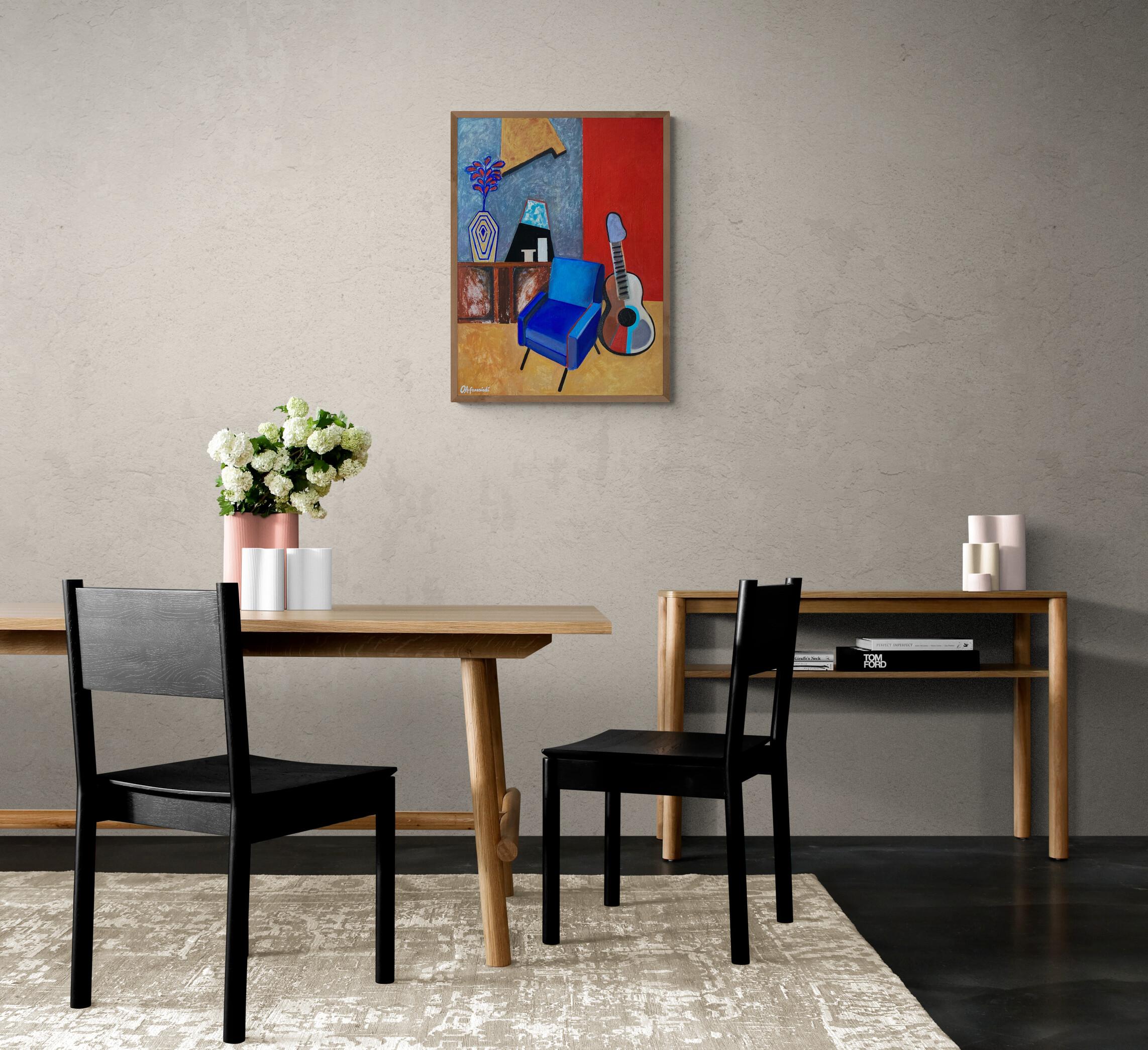 Vertical composition made in oil on linen canvas in the modern style. Warm and bright colors with a predominance of red, blue and ochre. Made in several layers with high quality drying of each layer. The work is covered with glossy varnish, signed