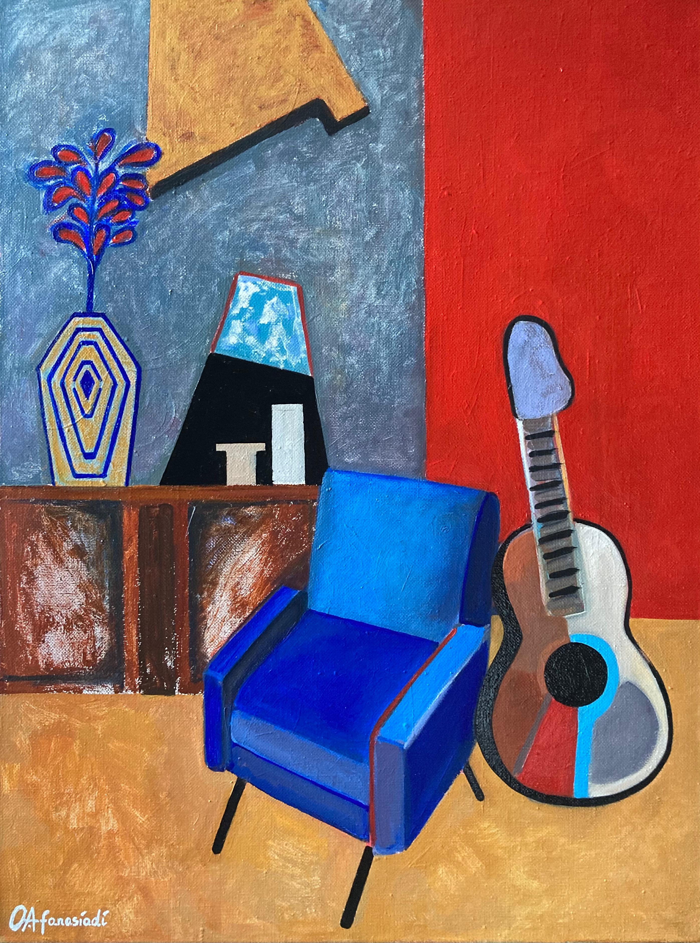 Interior with blue armchair and guitar - Painting by Olga Afanasiadi