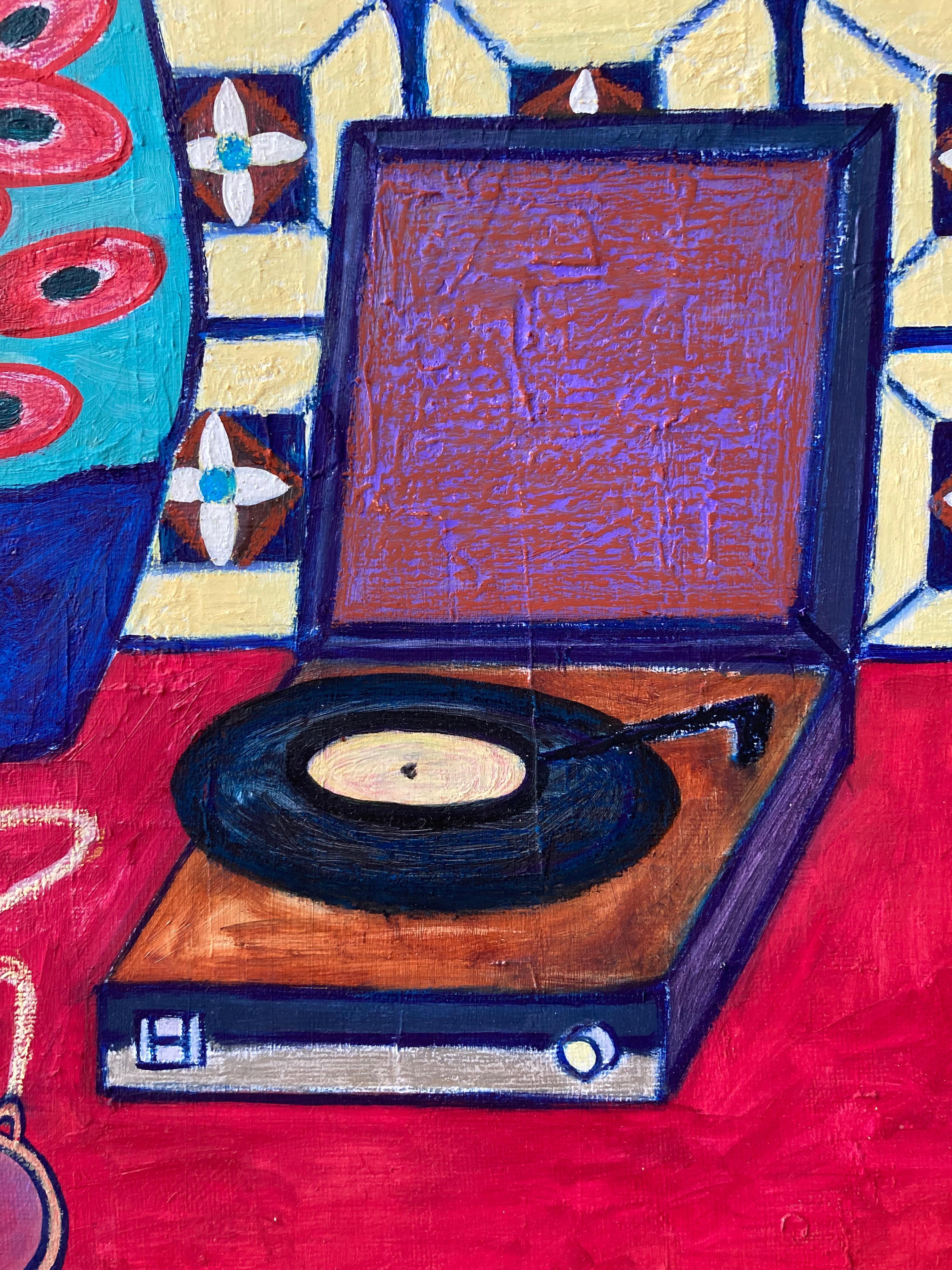 Composition carrée réalisée à l'huile et au pastel gras sur toile de lin dans le style moderne (naiv). Diversité et couleurs vives avec une prédominance du rouge, du bleu, du violet, du turquoise et du jaune. Fabriqué en plusieurs couches avec un