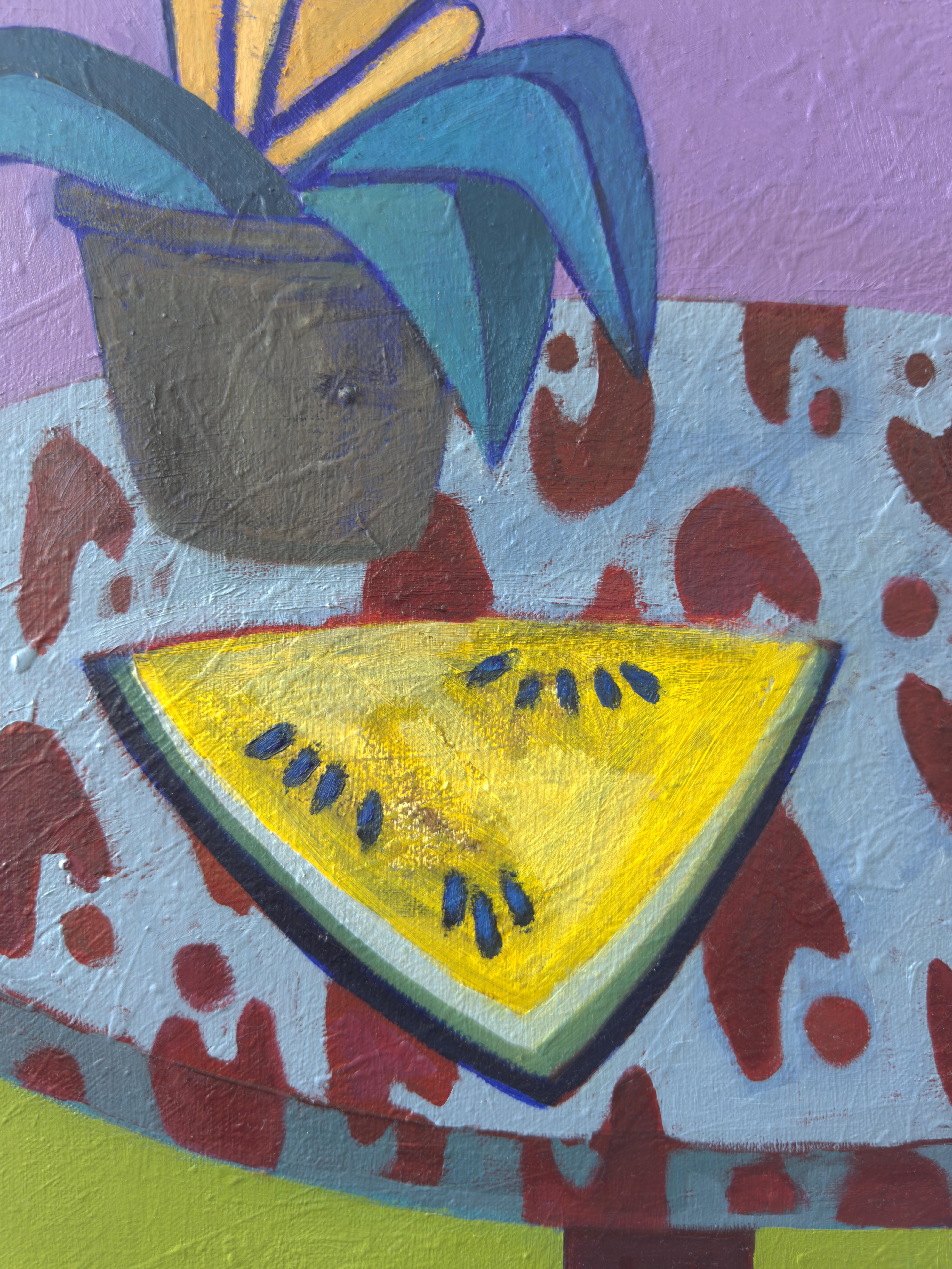 Stillife with blue chair and yellow watermelon - Aesthetic Movement Painting by Olga Afanasiadi