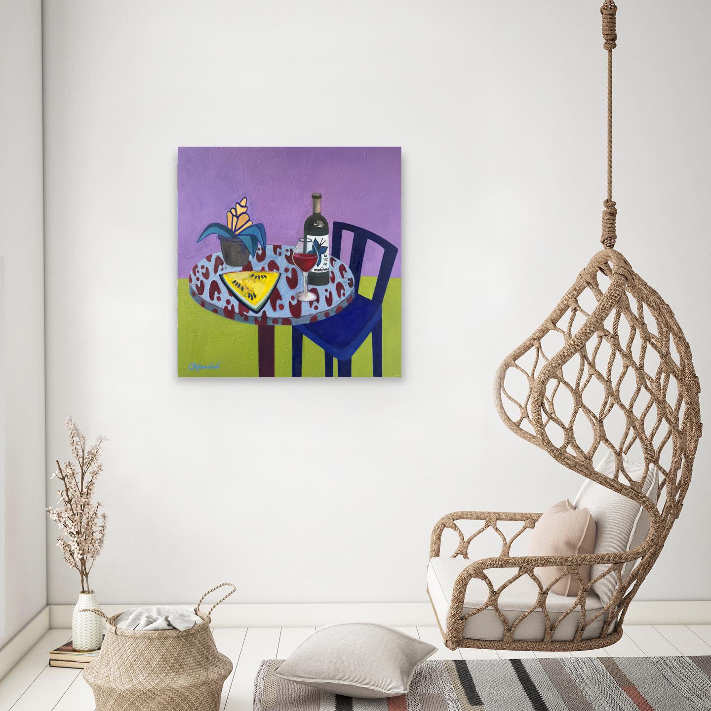 This is the most summery still life of all the artist's works. In addition, this painting has a prototype, a painting with a blue chair, which was presented at World Art Dubai in 2019. After the damage, the artist re-depicts the blue chair, but this