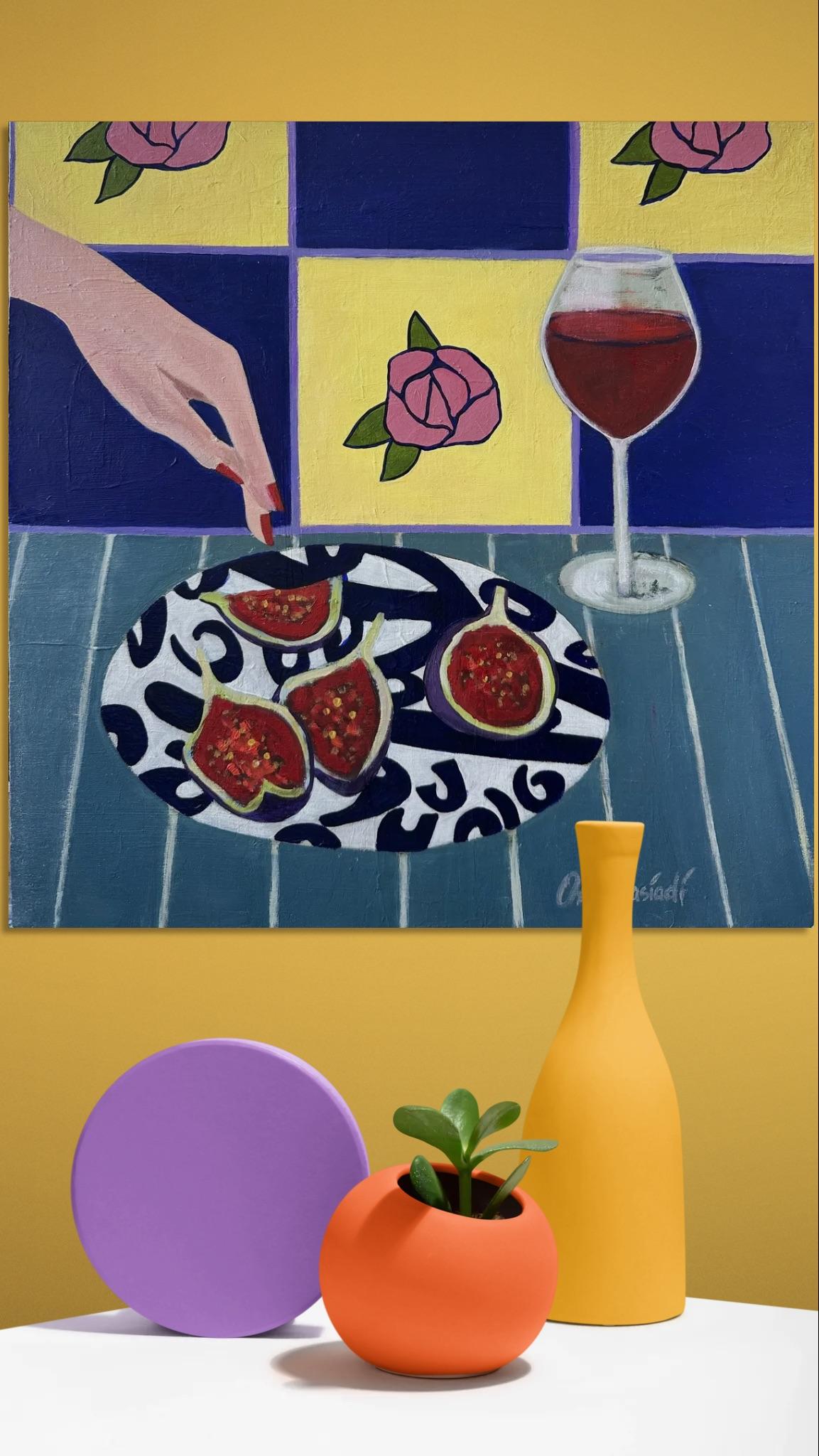 Still life with figs and vine - Purple Still-Life Painting by Olga Afanasiadi