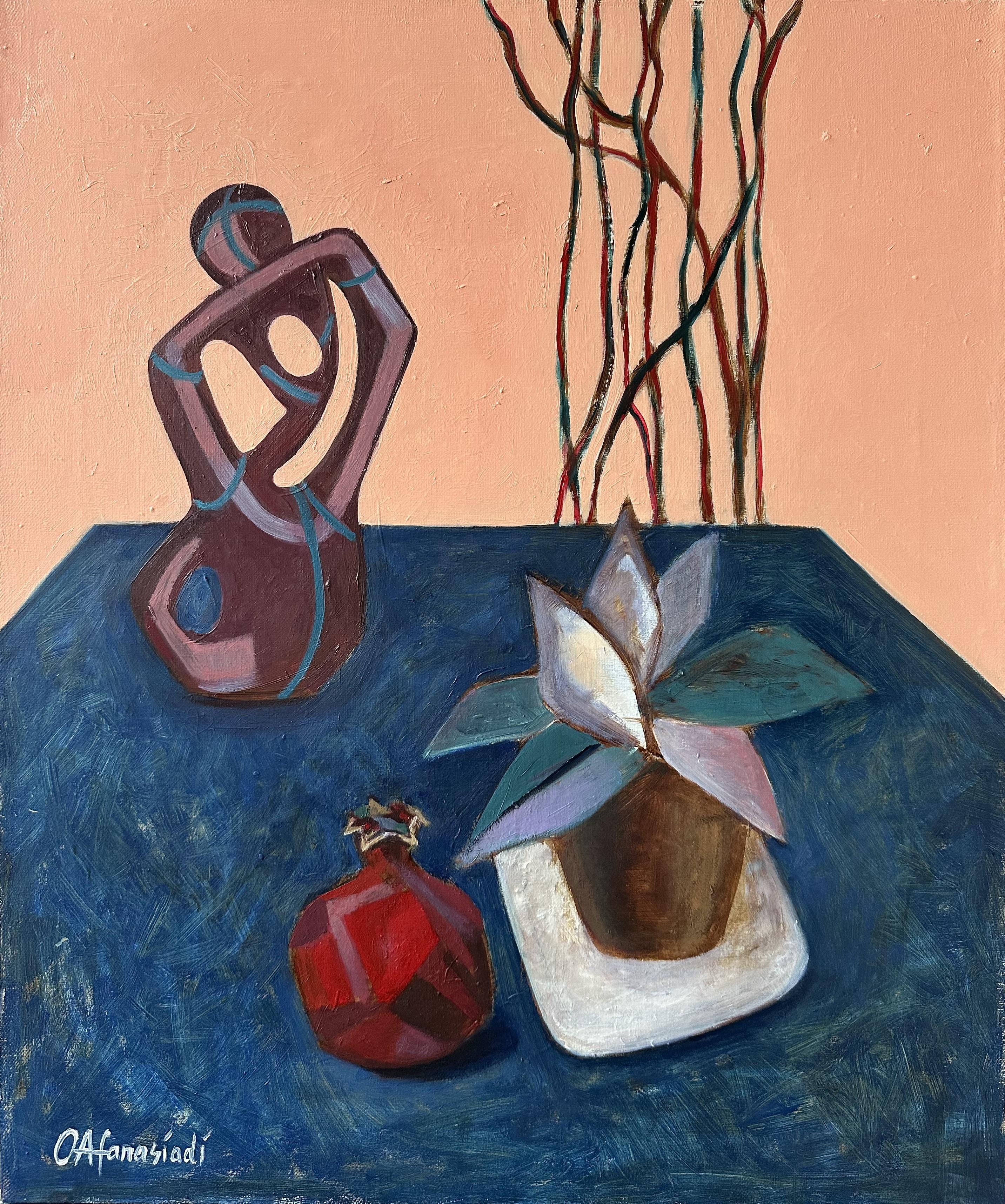 Stilleben mit Granatapfel und Vase – Painting von Olga Afanasiadi