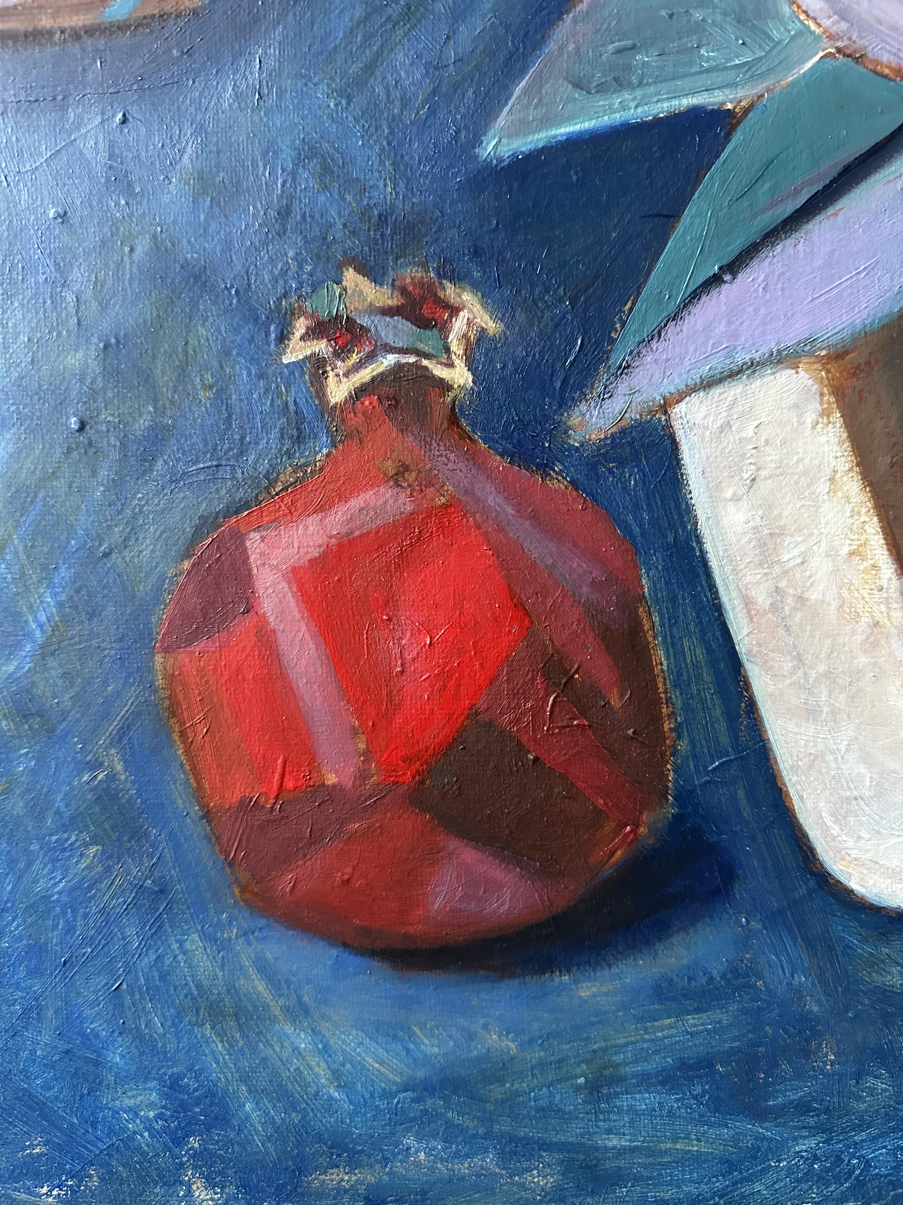 Stilleben mit Granatapfel und Vase (Ästhetizismus), Painting, von Olga Afanasiadi