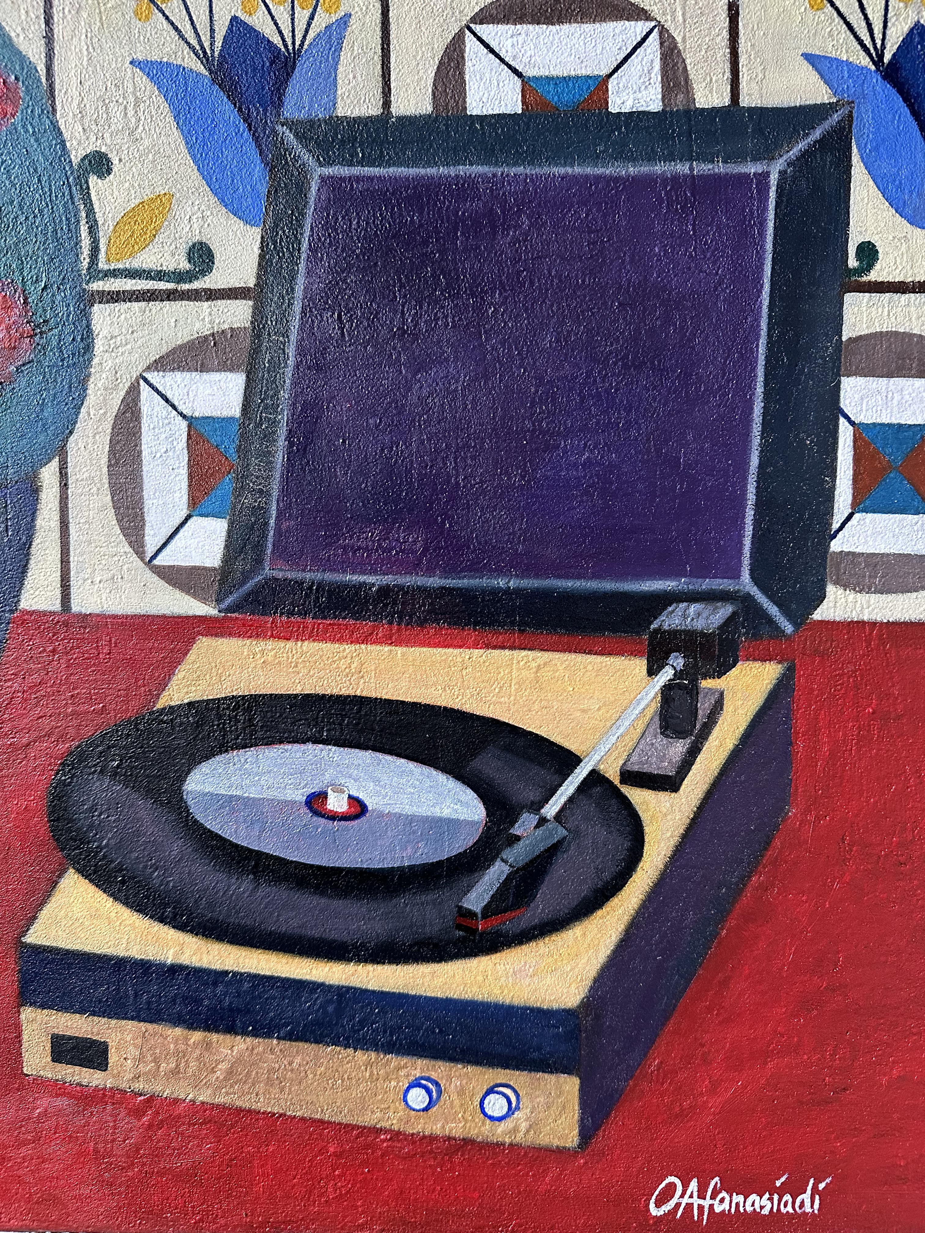 Stillife with vinyl record player and azulejo - Painting by Olga Afanasiadi
