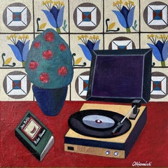 Stillife with vinyl record player and azulejo