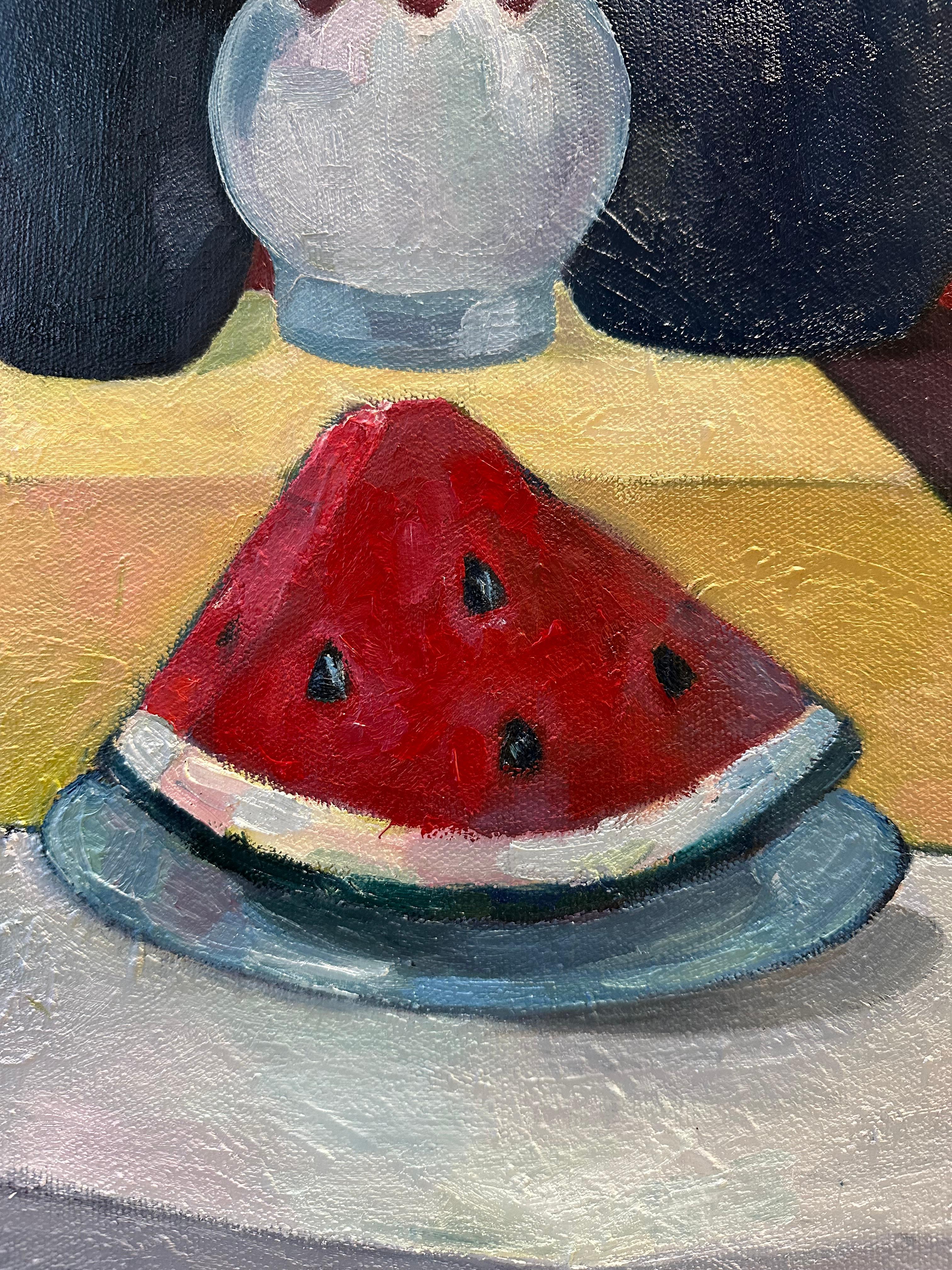 Stillife with watermelon and cactus - modern oil painting - Painting by Olga Afanasiadi