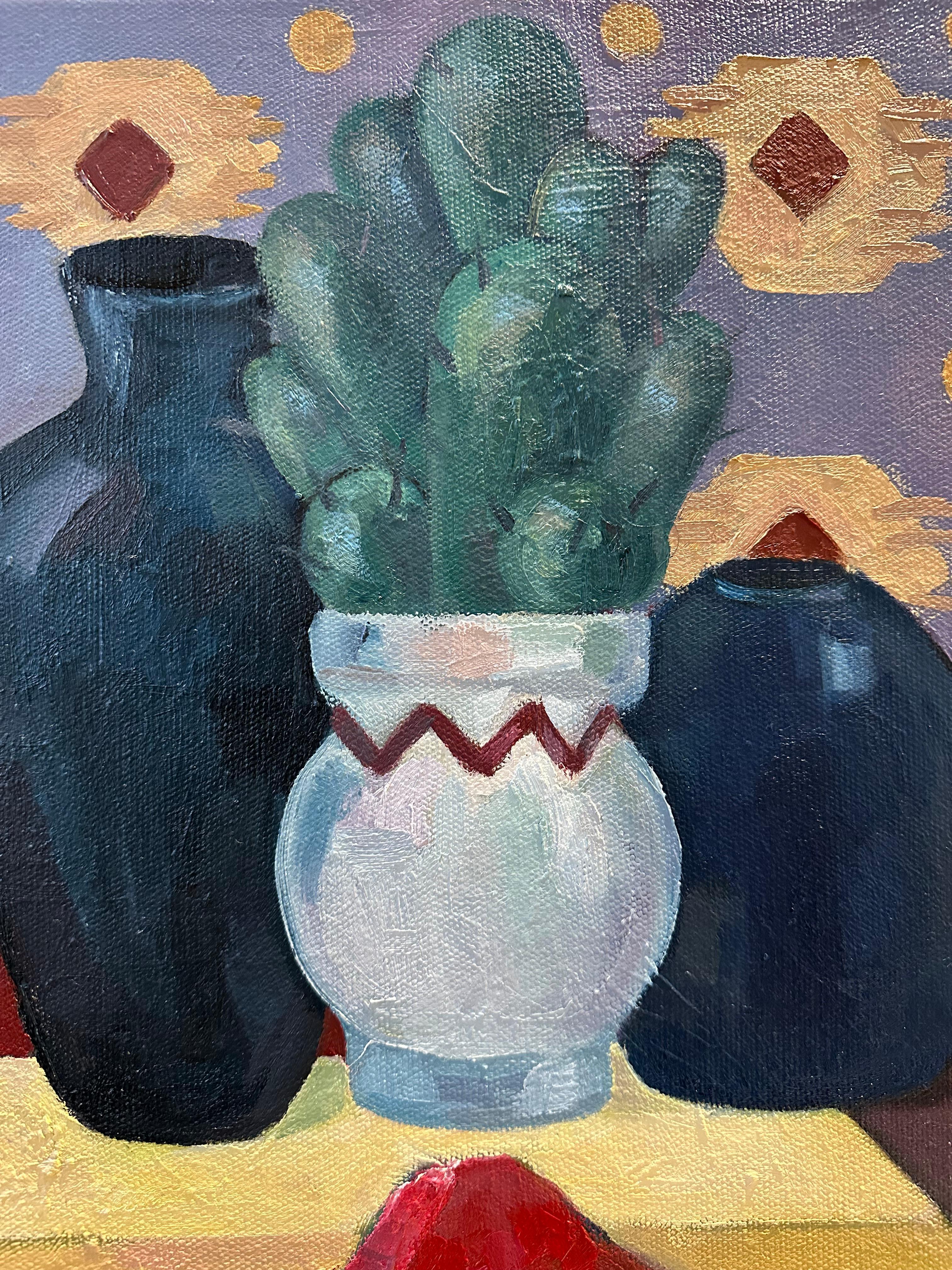 Stillife with watermelon and cactus - modern oil painting - Modern Painting by Olga Afanasiadi