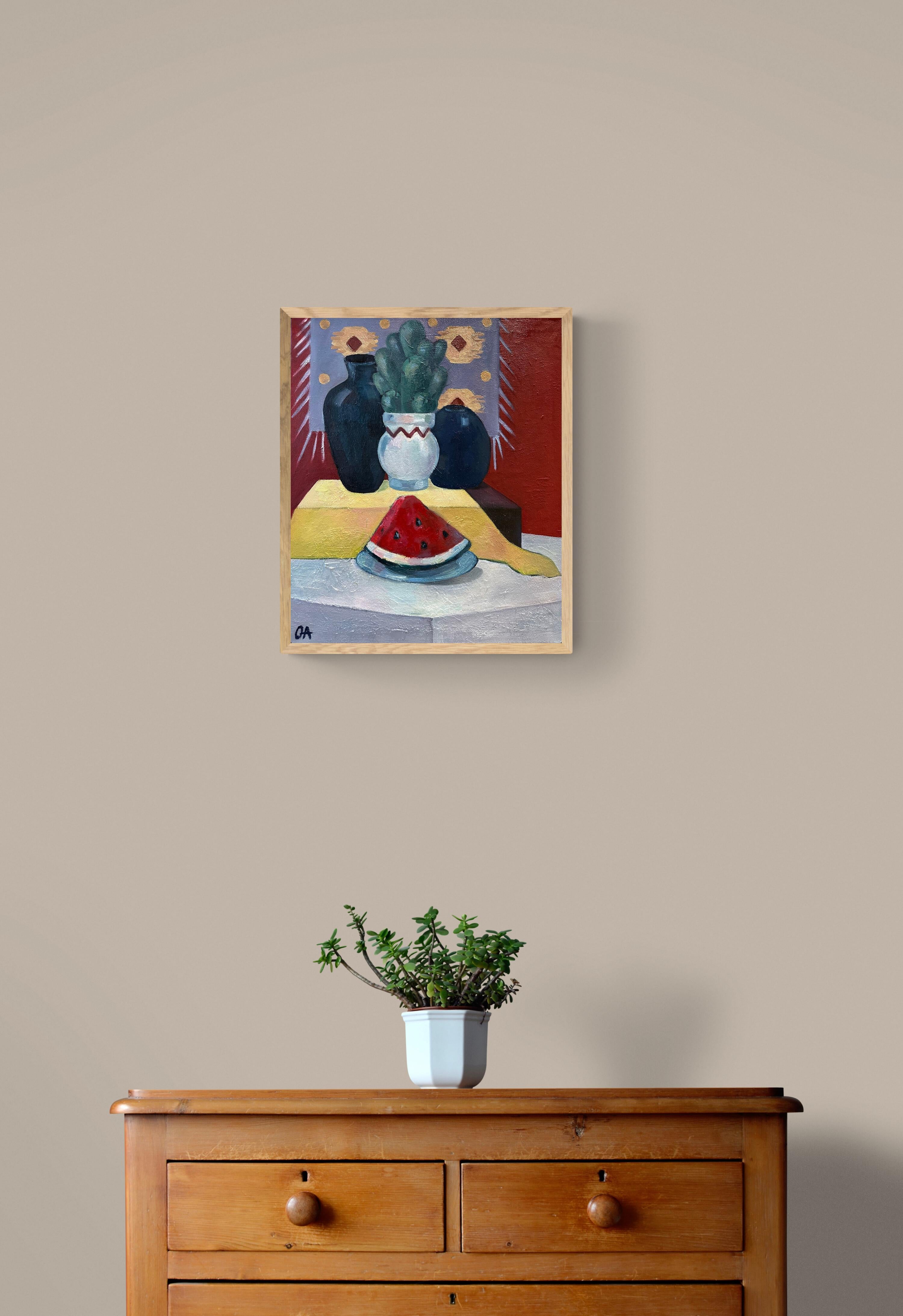Stillife with watermelon and cactus - modern oil painting For Sale 4