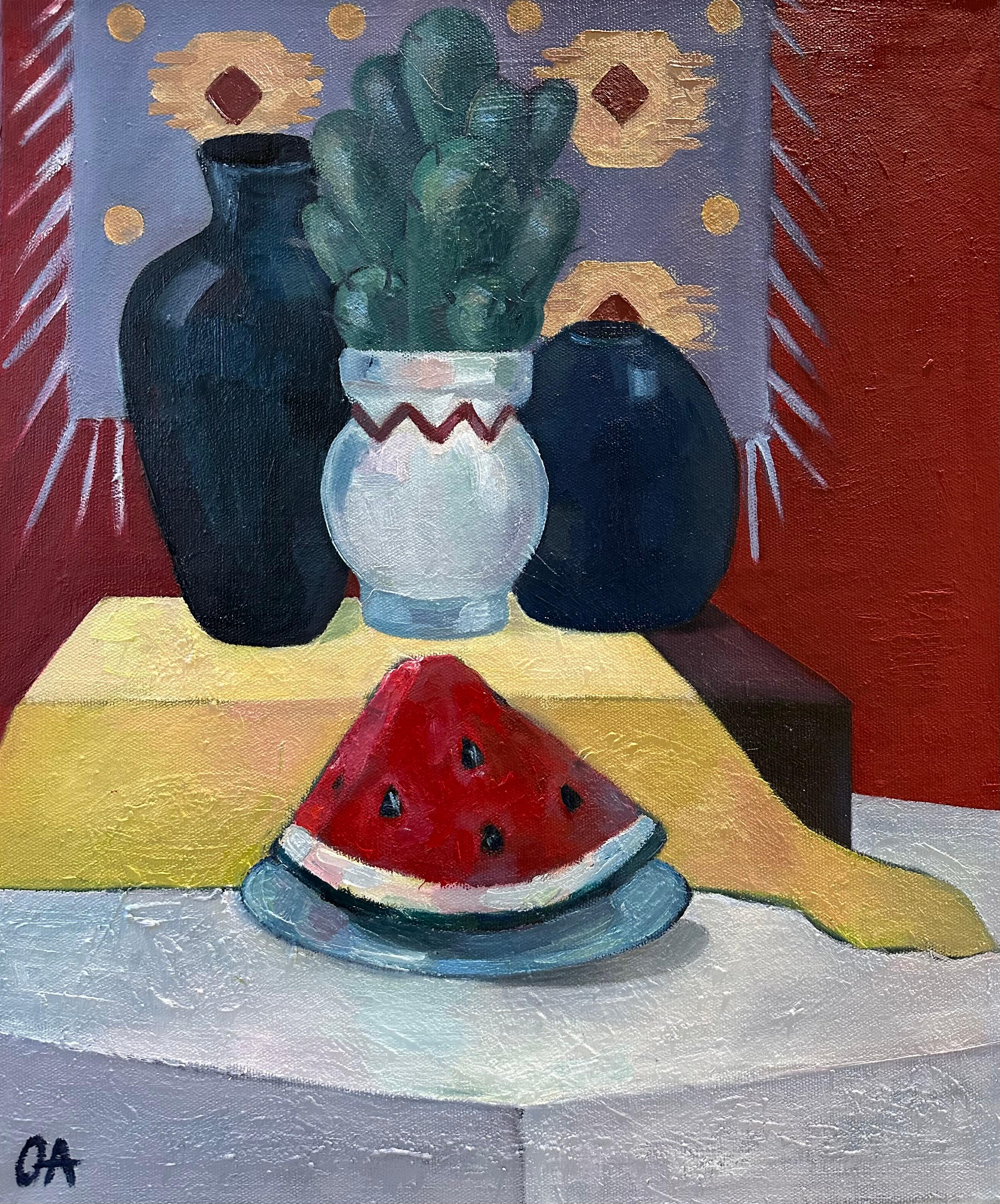 Olga Afanasiadi Still-Life Painting - Stillife with watermelon and cactus - modern oil painting