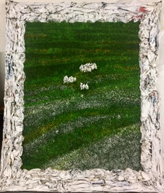 Fields of Cotton and Crowds (Mixed Media, 3D Figures, Green Field with Cotton)