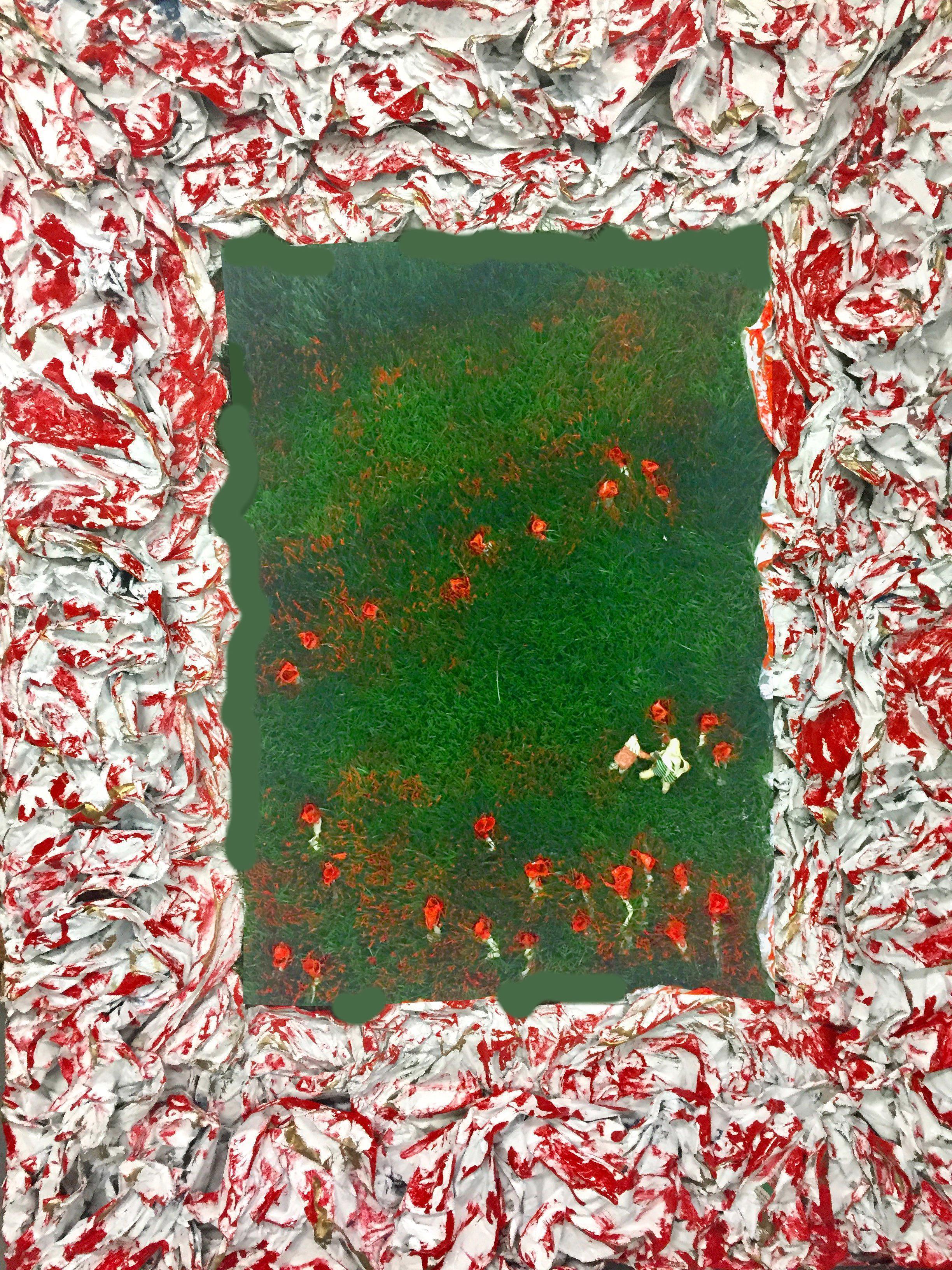 Little Arctic Flower (Mixed Media, 3D Figures in a Green Field with Red Roses) - Mixed Media Art by Olga Andrino