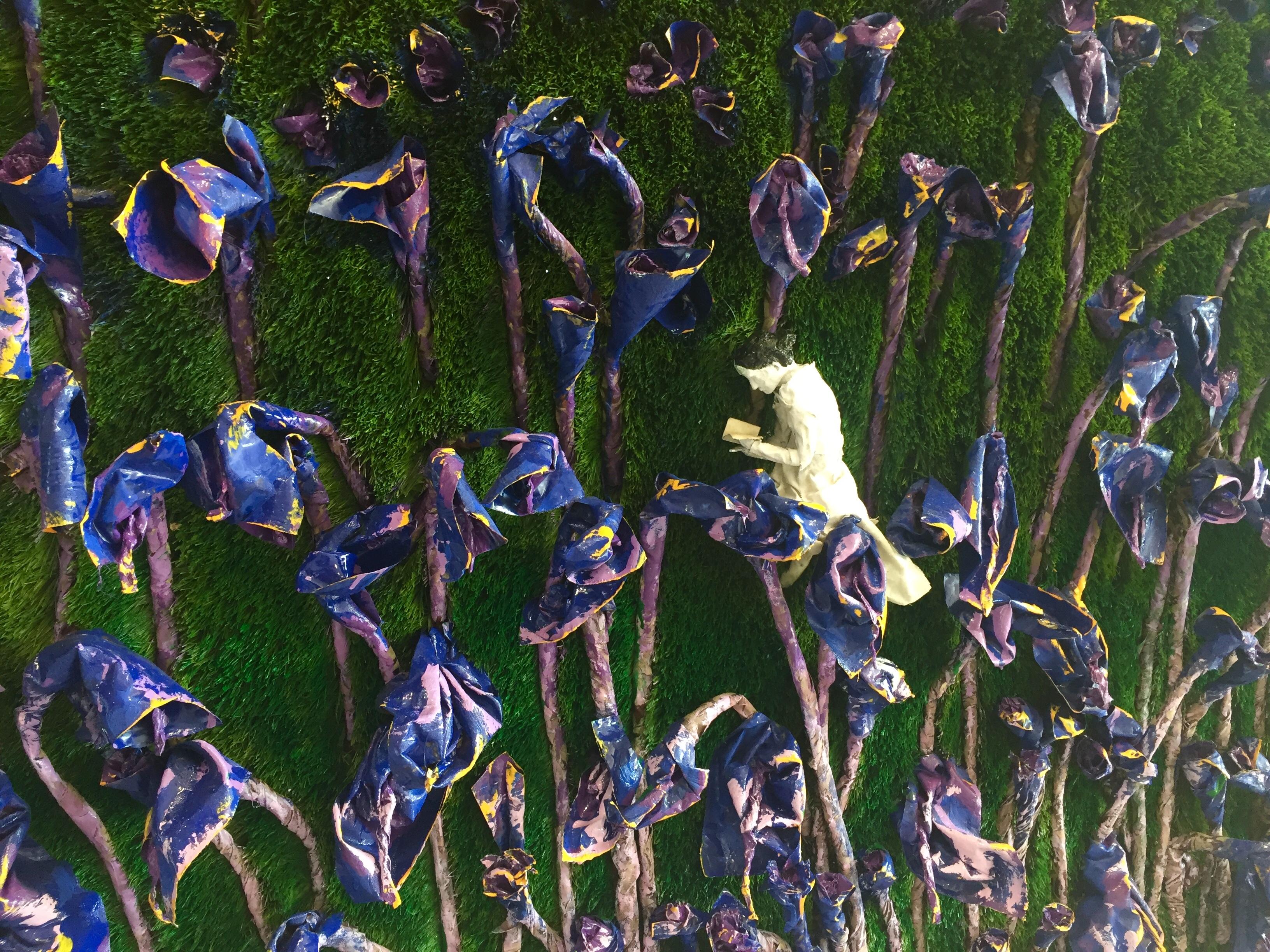 My Letter to the World (Large 3D Purple Irises, Woman Reading among Flowers) - Contemporary Mixed Media Art by Olga Andrino