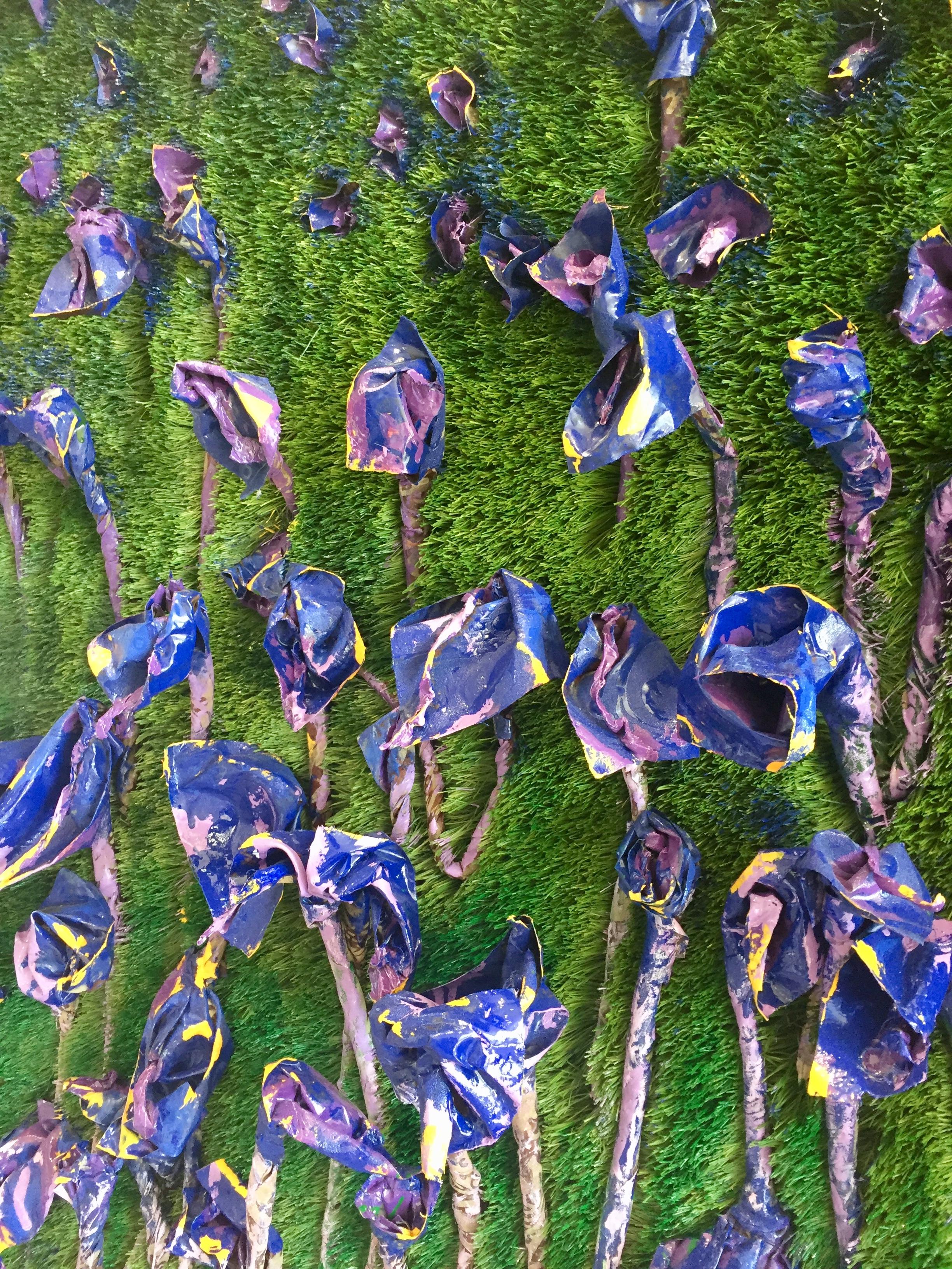 Large 3-D Purple Irises within a Green Field Background, Female Figure Reading Book
Mixed Media 
H 58.66