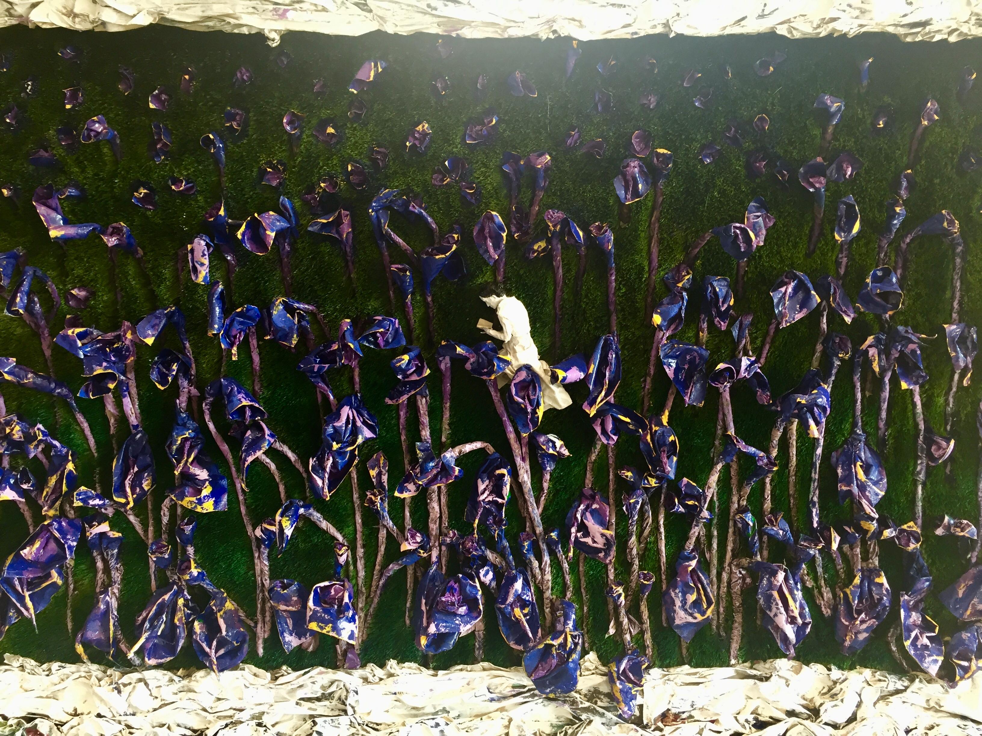 My Letter to the World (Large 3D Purple Irises, Woman Reading among Flowers) For Sale 1