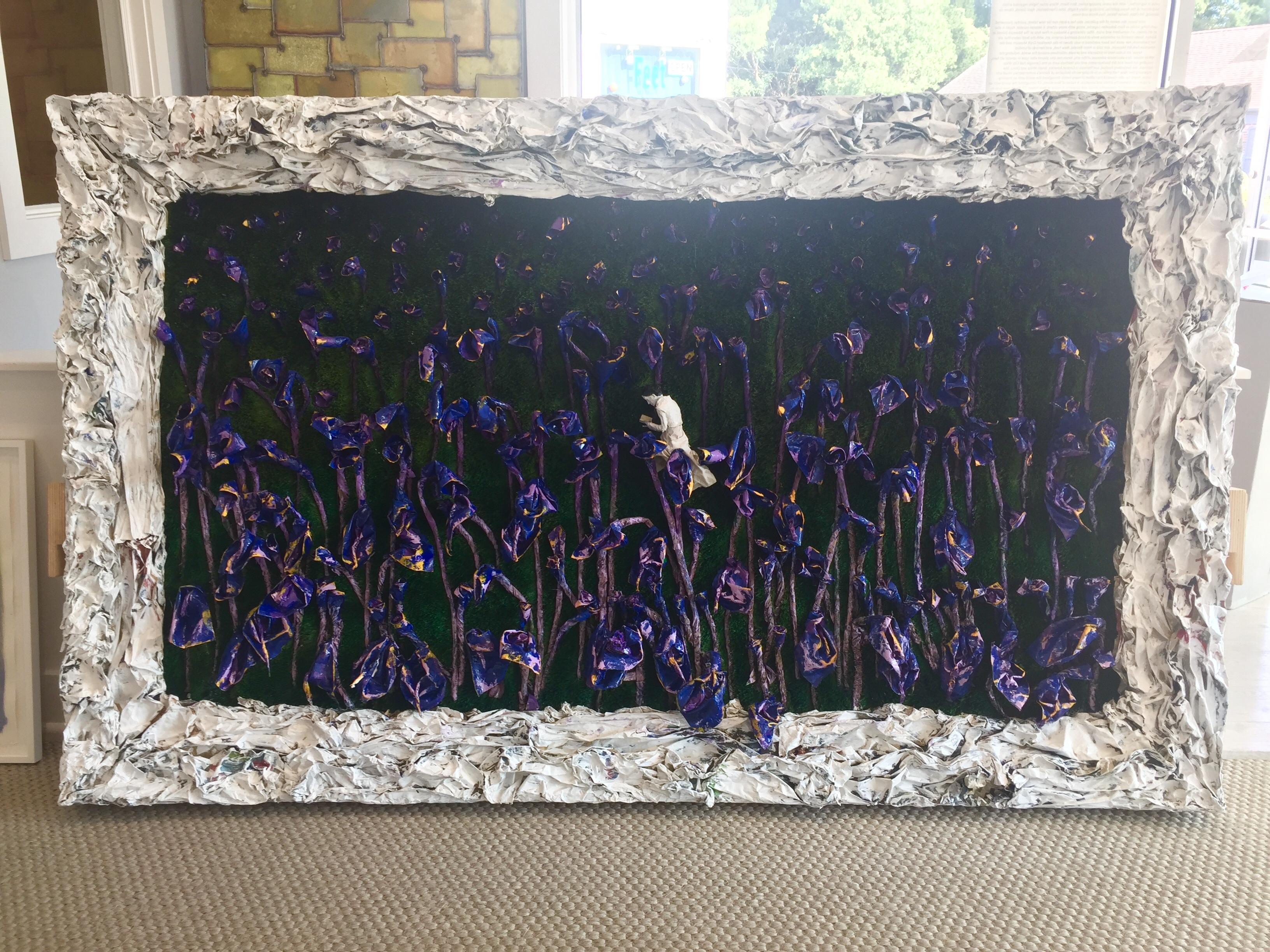 My Letter to the World (Large 3D Purple Irises, Woman Reading among Flowers) For Sale 2