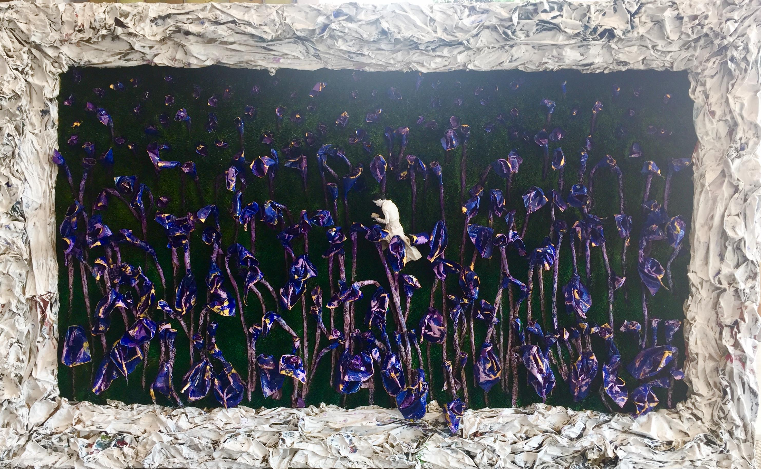 My Letter to the World (Large 3D Purple Irises, Woman Reading among Flowers) - Mixed Media Art by Olga Andrino